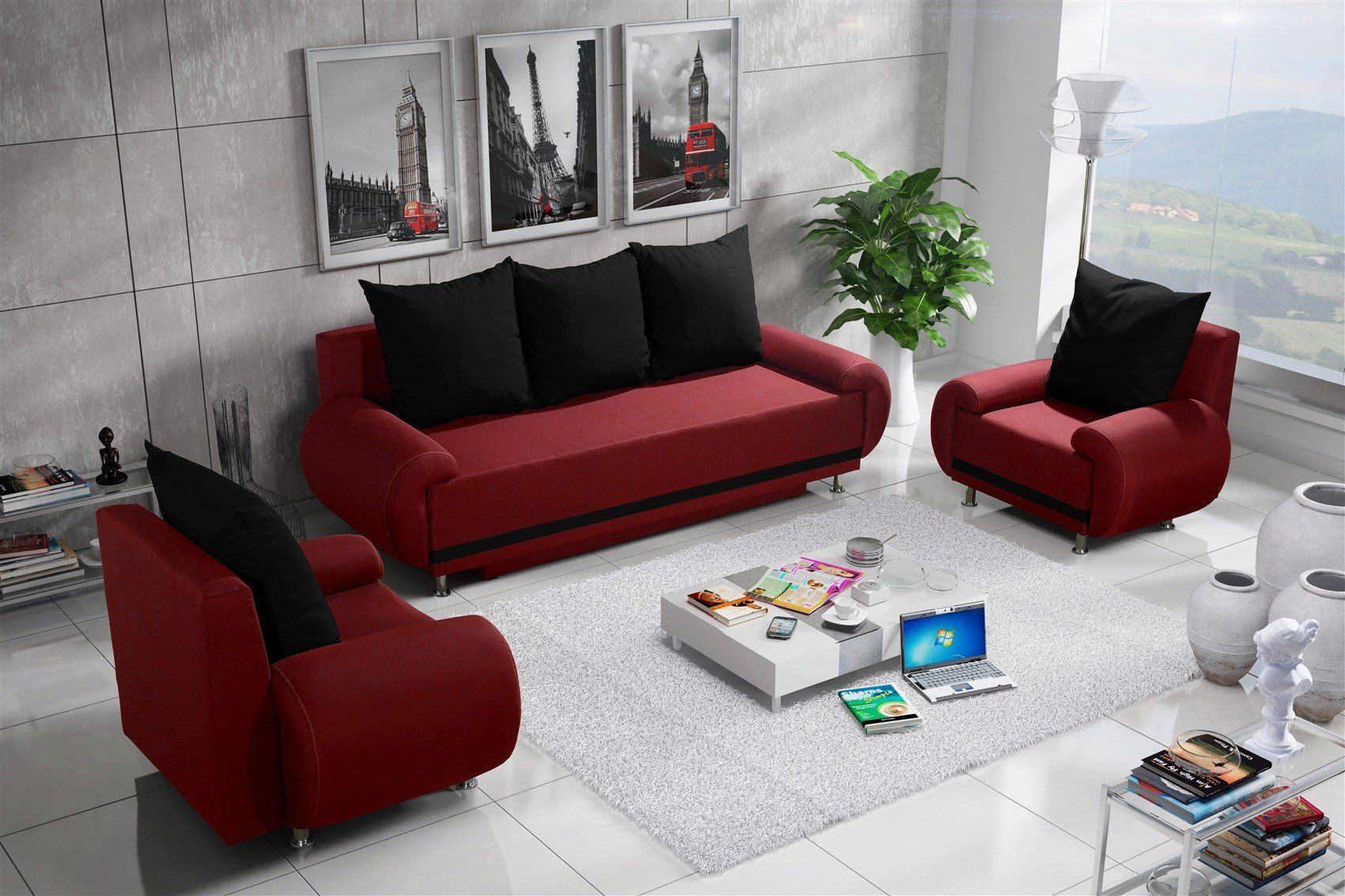 Möbel Bettkasten Designersofa Rot-Schwarz MIKA mit Schlafsofa Fun 3 mit Sofa 3-Sitzer inkl. Rückenkissen, Schlaffunktion,