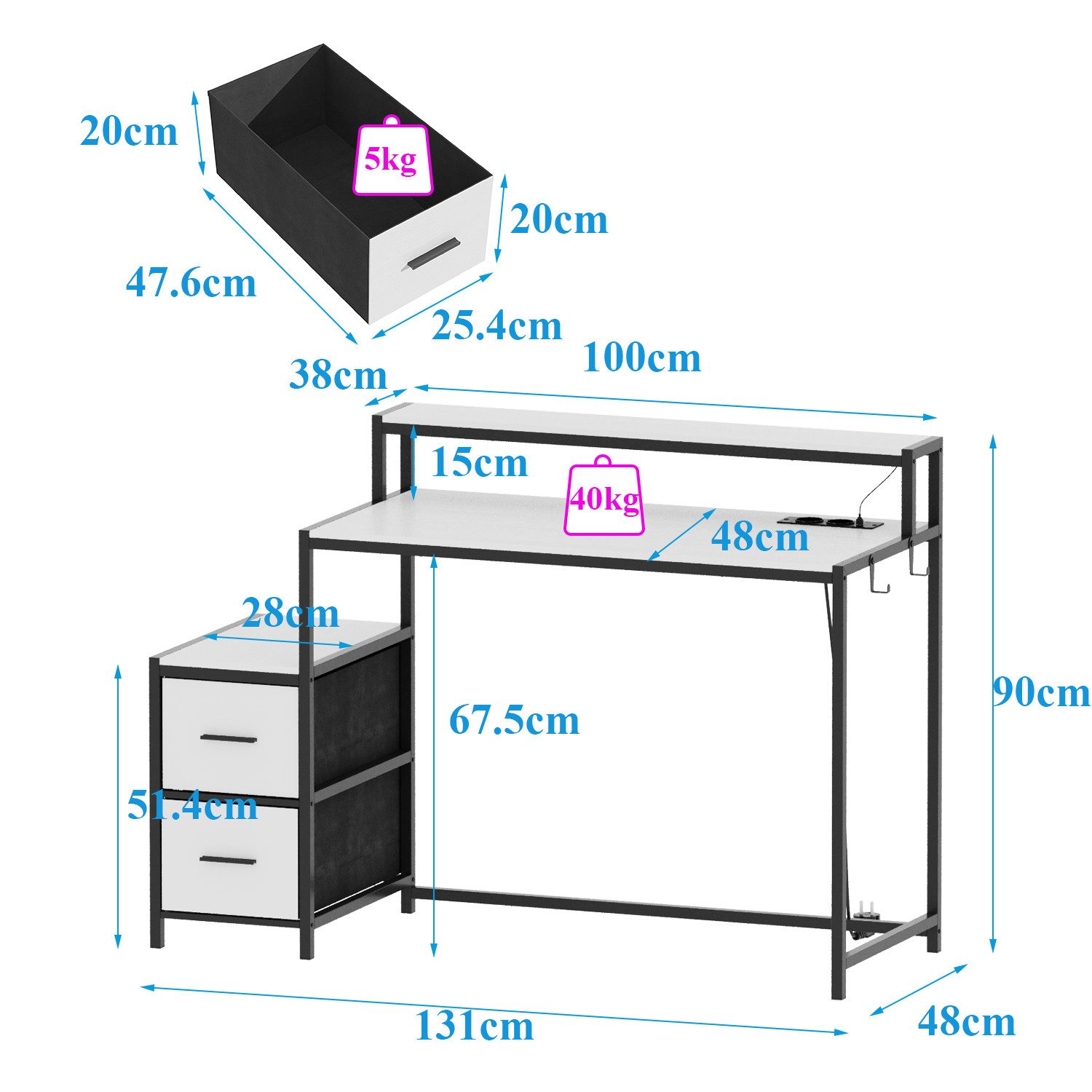 HOMSEE Computertisch Gaming-Schreibtisch mit RGB-LED-Beleuchtung, 100x48x90 cm (1-St), mit 2 Stoff-Schubladen & stabiler Metallkonstruktion