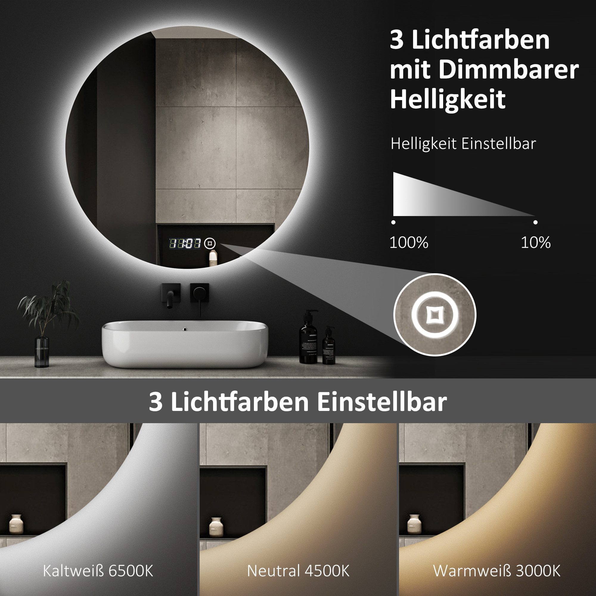 WDWRITTI Badspiegel Led Rund Rundspiegel 60 cm mit beleuchtung und Uhr 3Lichtfarben Memory (Wandspiegel, Helligkeit dimmbar), Touch,Wandschalter auswählbar, Energiesparend, IP44