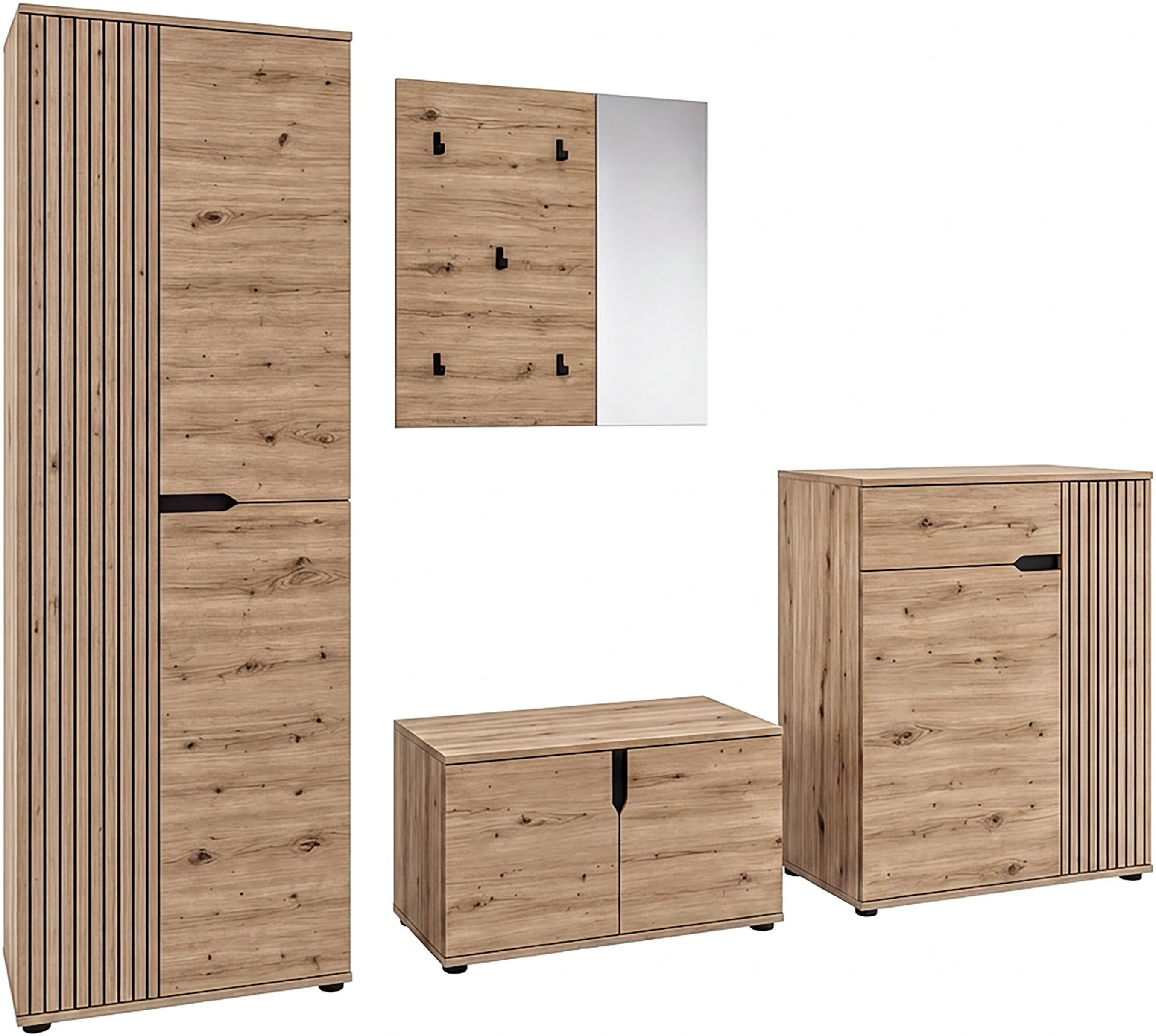 OTTO home Garderoben-Set FJELL, 4-teilig, Breite 255cm, Front mit hochwertiger Längsfräsung, (bestehend aus: Garderobenschrank, Sitzbank, Paneel & Schuhkommode), Garderobenkombination, Kombination, Set, Garderobe, Flurgarderobe