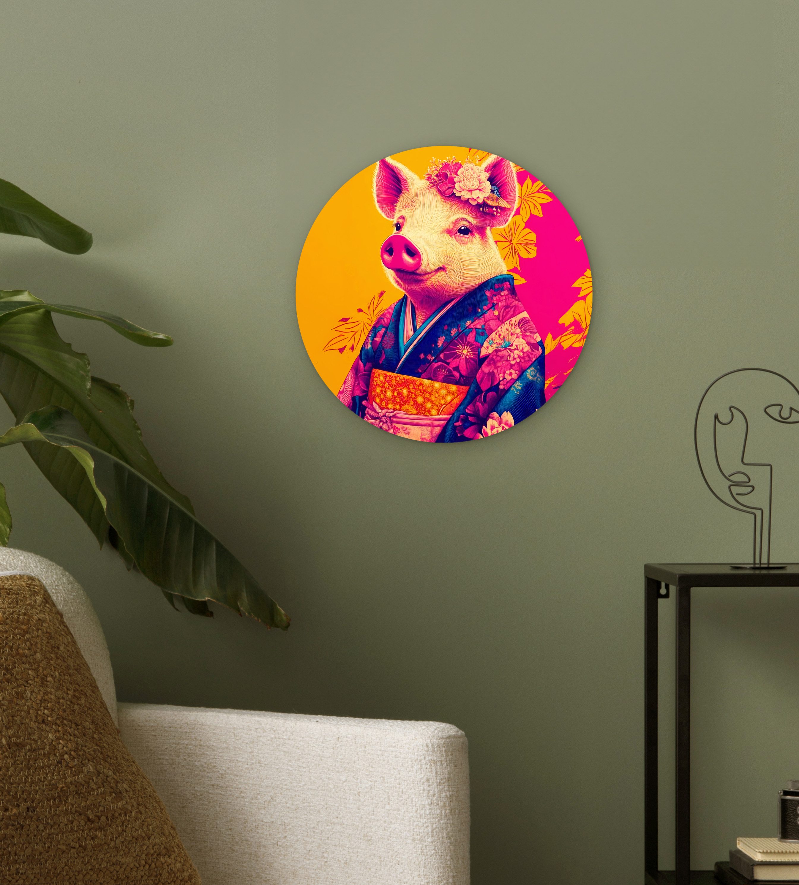 MuchoWow Gemälde Schwein - Blumenkrone - Kimono - Abstrakt, Fotodruck (1 St), Kreis Wanddekoration, Rundes Wandbild, 30x30 cm
