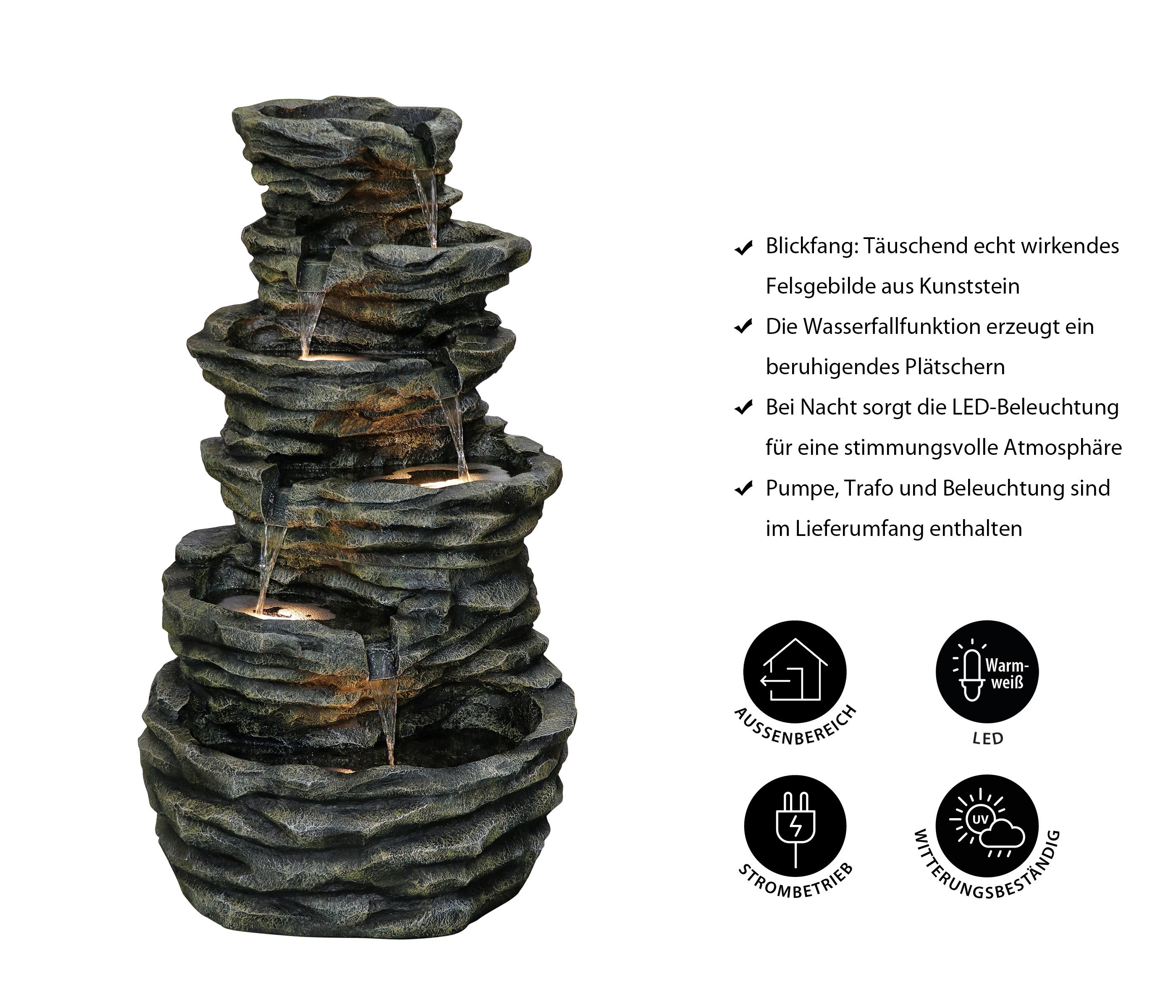 Dehner Gartenbrunnen Roccia mit LED-Beleuchtung, 72 x 75 x 120 cm, Polyresin, 72 cm Breite, inkl. Pumpe / Trafo / LED-Beleuchtung