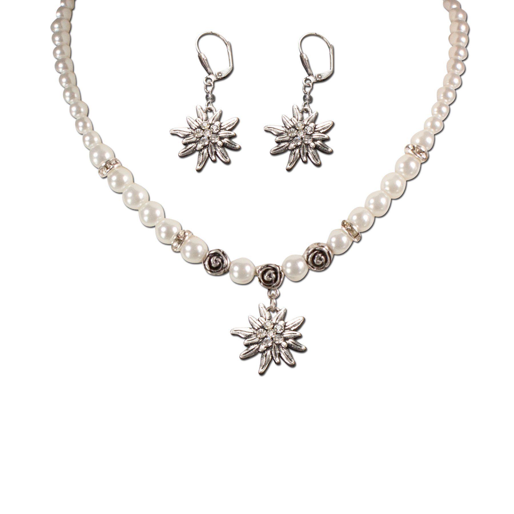 Alpenflüstern Ketten-Set Trachtenschmuck-Set Perlen-Trachtenkette und Trachten-Ohrhänger Strass-Edelweiß (creme-weiß), - Damen-Trachten-Schmuck, Trachtenset Dirndl-Kette und Trachten-Ohrringe