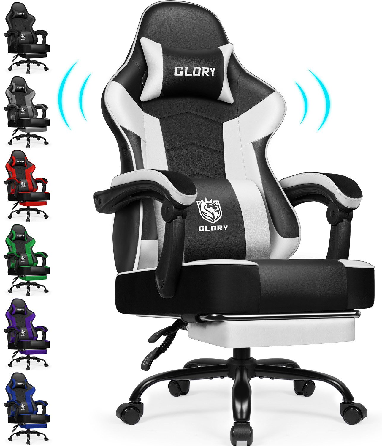 Hiazurm Gaming-Stuhl Gaming Stuhl, Bürostuhl Ergonomisch Wippfunktion bis zu 170° (Gaming Chair mit Fußstütze, 10 cm Höhenverstellung), Verstellbarem Lenden- & Kopfkissen, Gamer Stuhl 150kg Belastbarkeit