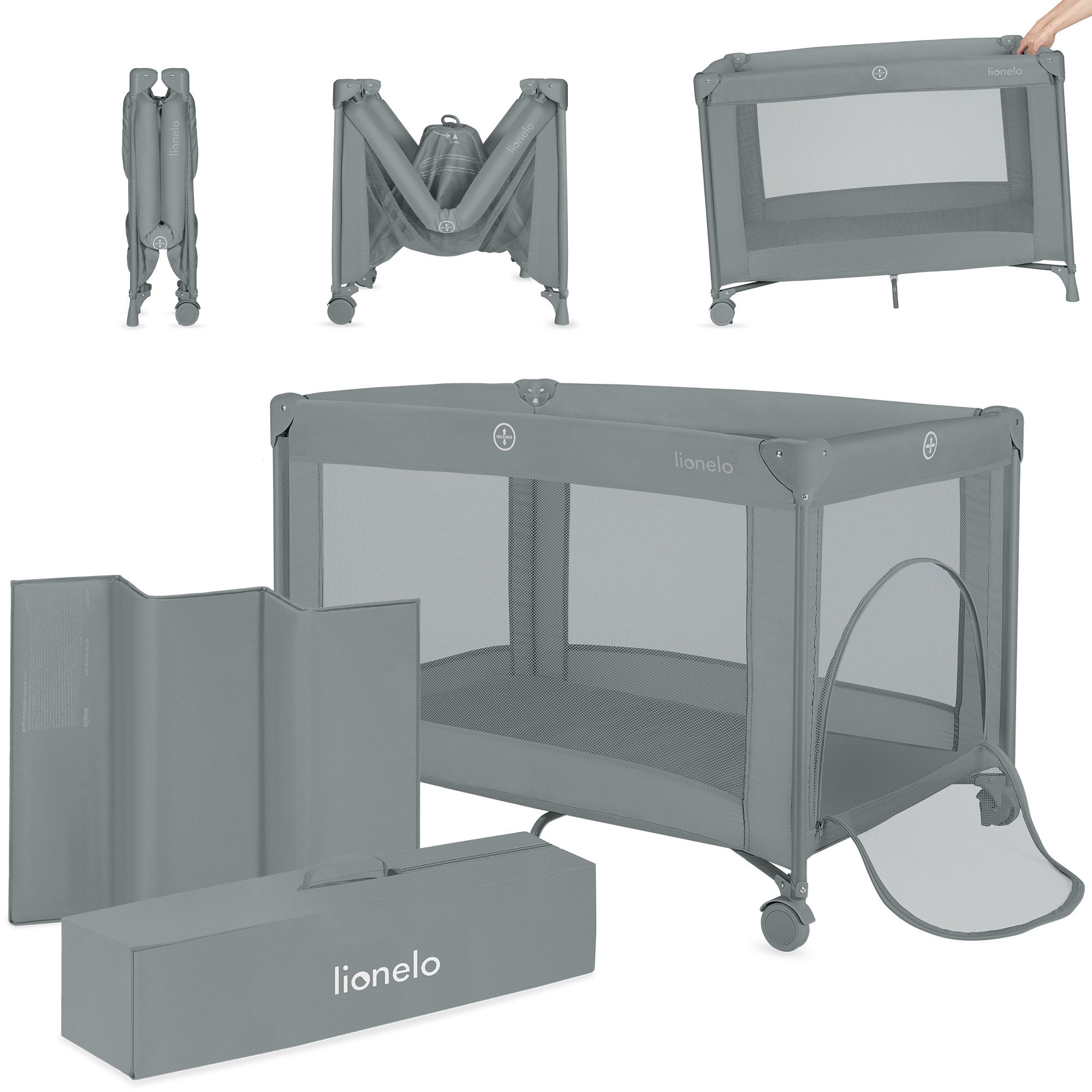 lionelo Reisebett AMELIE (Set, Reisebett / 2-cm-Matratze / Tragetasche) Kompakt/leicht/2cmMatratze/Seiteneingang/Netzseiten