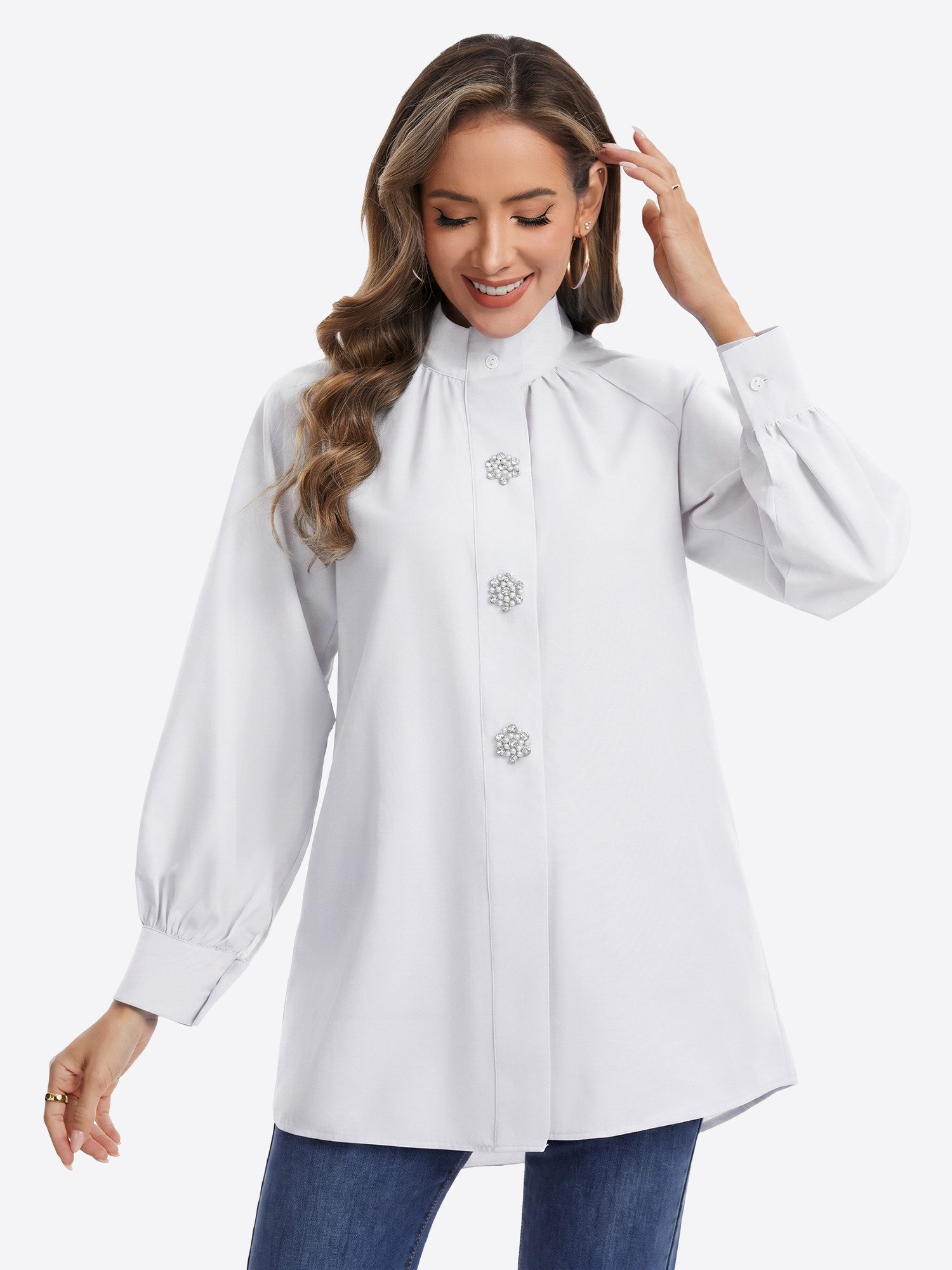 Imily Bela Blusentop Damen Langarm Bluse mit gerafftem Stehkragen (Packung, 1-tlg., 1per-Pack) Ballonärmel