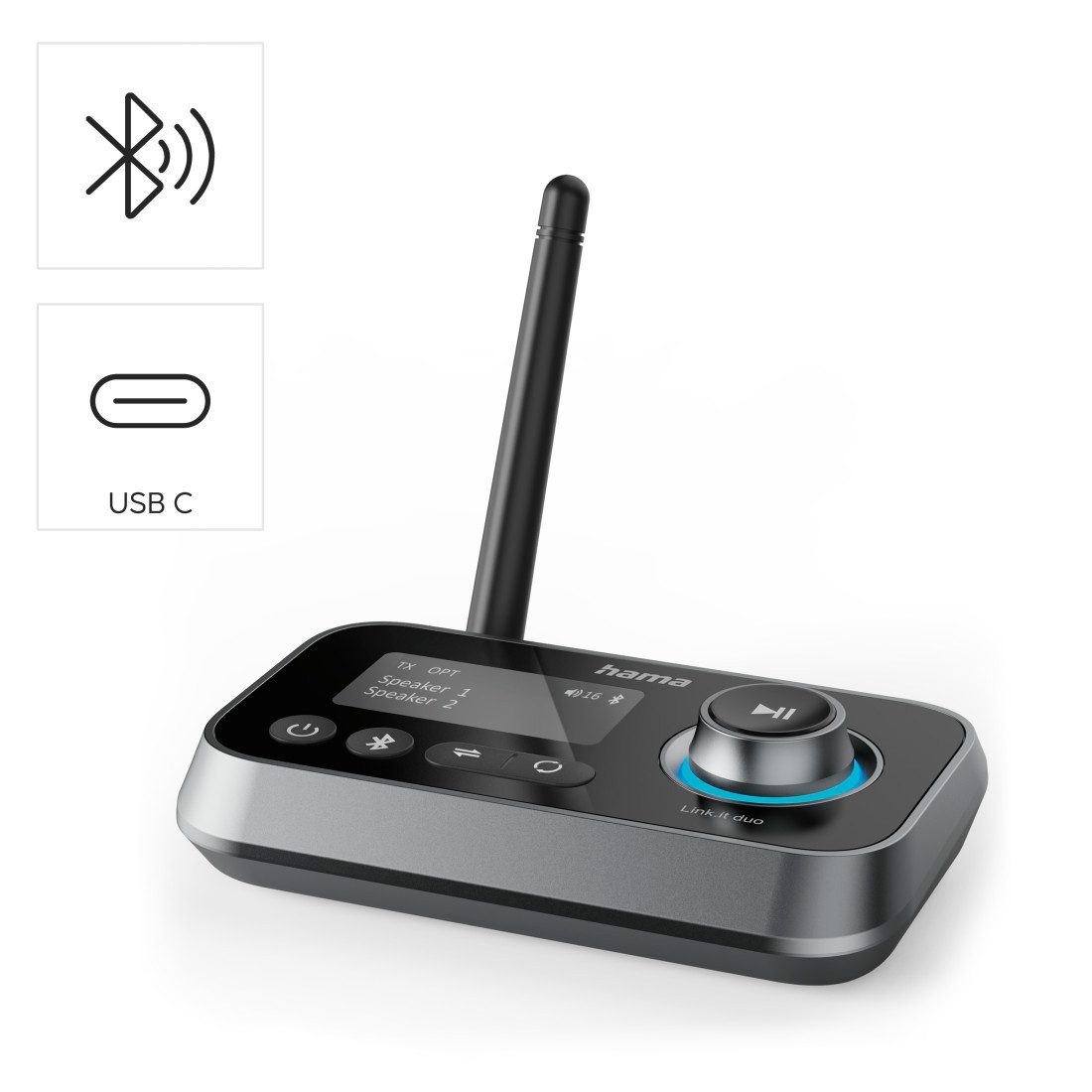 Hama Bluetooth-Adapter Audio (Sender und Empfänger, für HiFi, TV, Beamer) Bluetooth-Adapter zu 3,5-mm-Klinke, USB Typ C