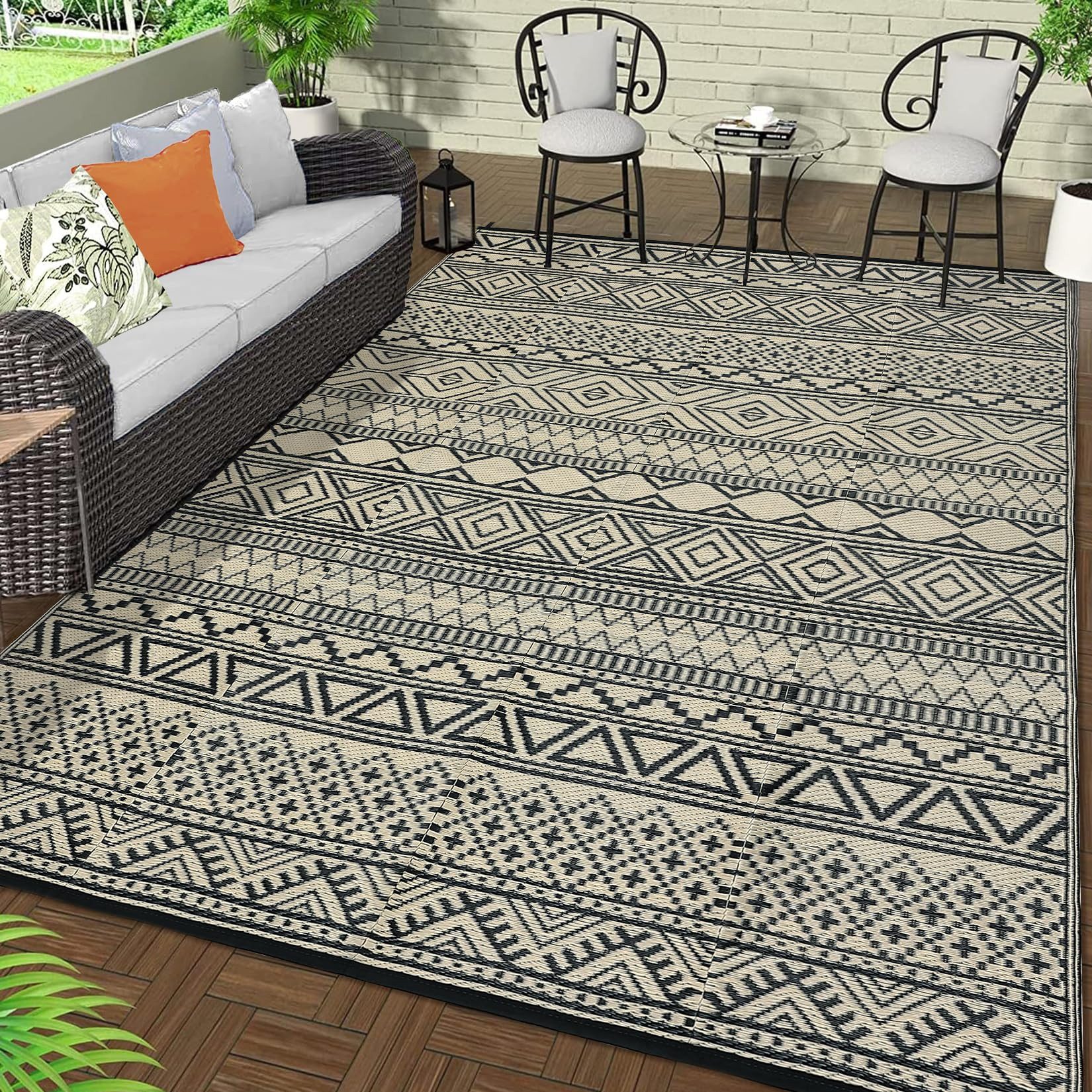 GarveeMore Outdoorteppich mit Boho-Muster, 150×245 cm, Schwarz, rechteckig, beidseitig verwendbar, wasserdicht, UV-behandelt