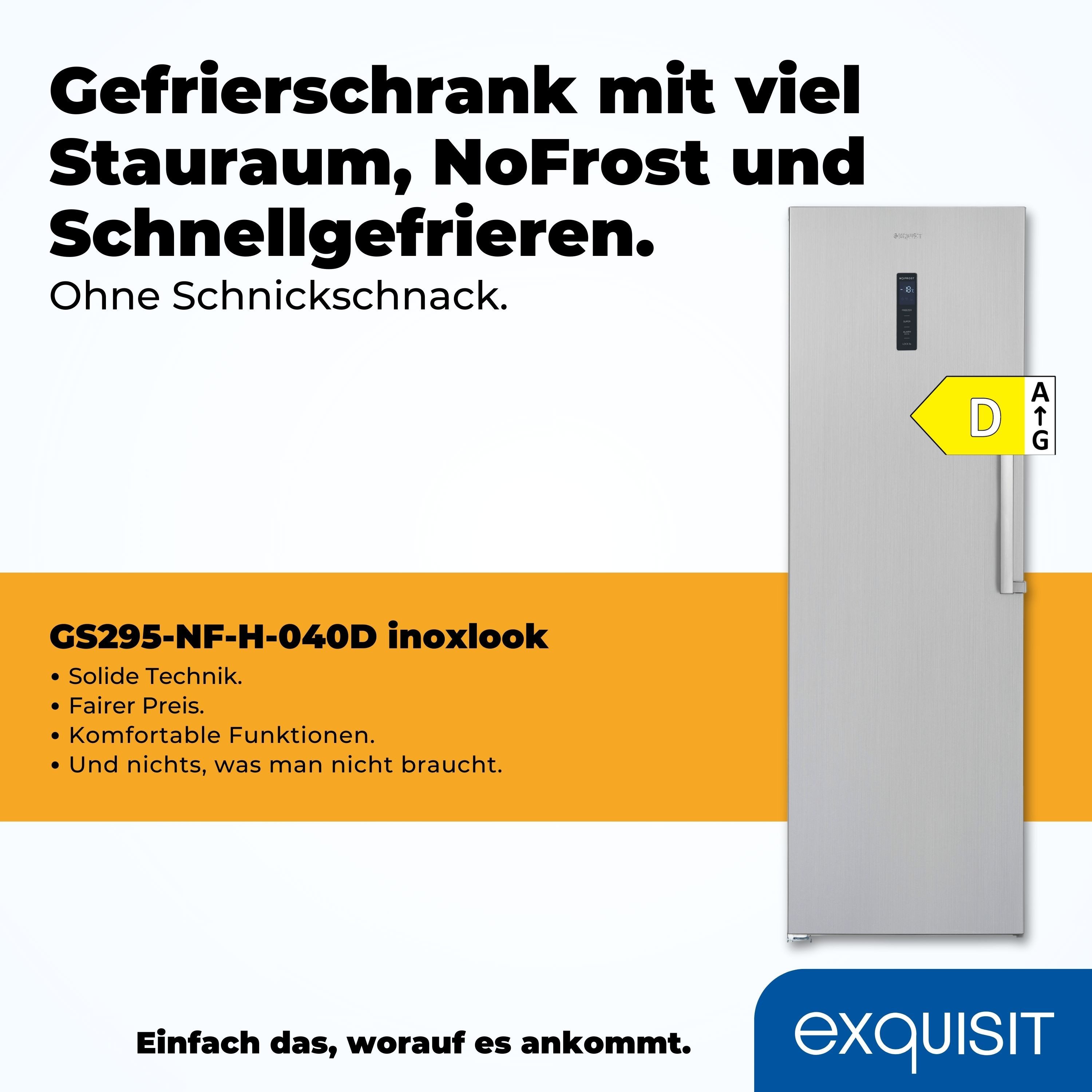 exquisit Gefrierschrank GS295-NF-H-040D, 185 cm hoch, 60 cm breit, 4*-Gefrierschrank NoFrost mit LED-Anzeige&Ice-Maker für schnelles Eis