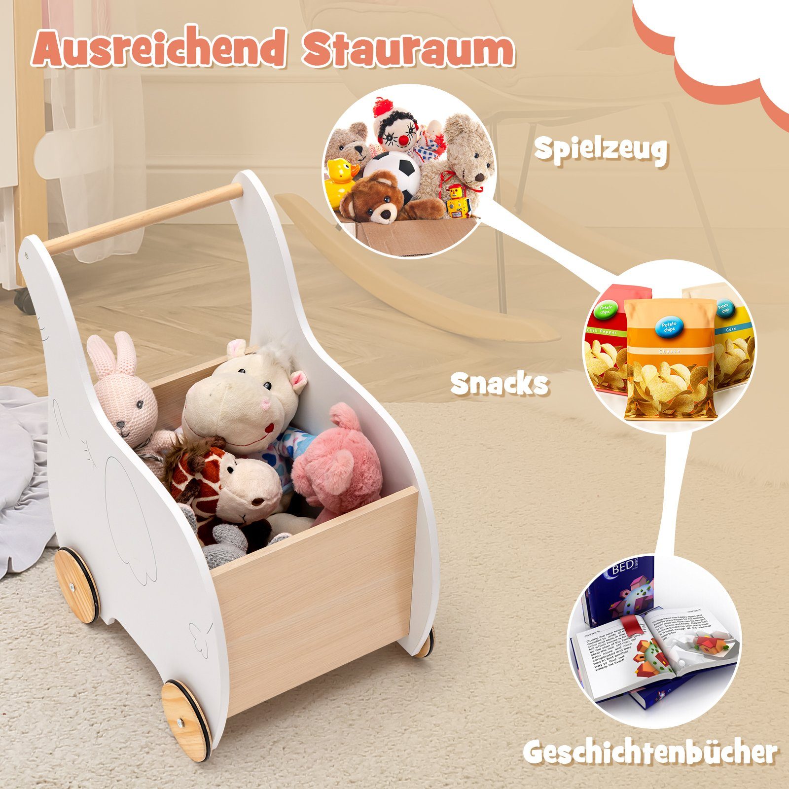 COSTWAY Lauflernwagen 2 in 1 Spielzeugkiste, aus Holz, mit 4 Rädern