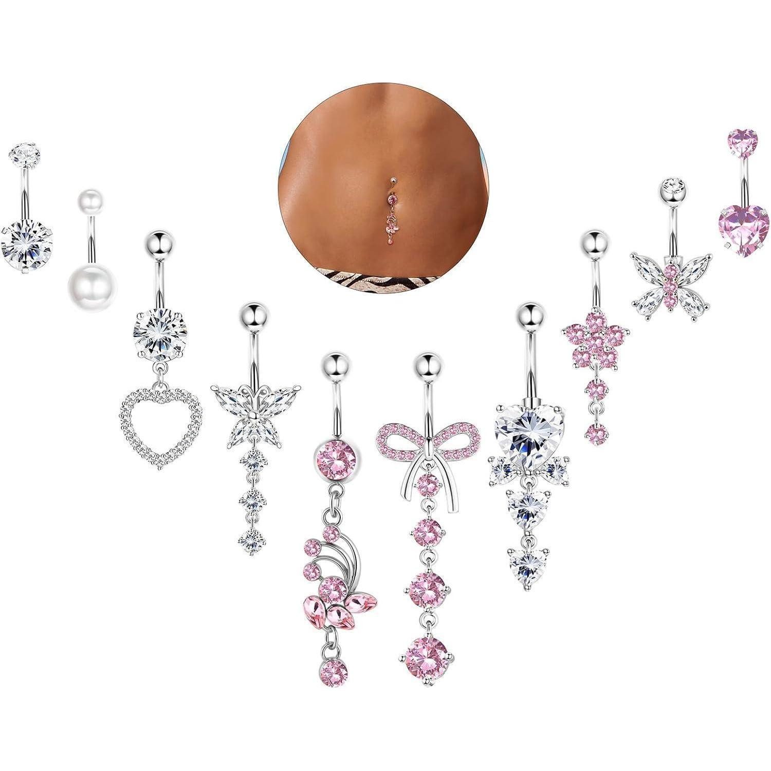 YADOCA Bauchnabelpiercing-Set 10Pcs 14G Bauchnabelpiercing Damen Chirurgenstahl Rosa Blau CZ