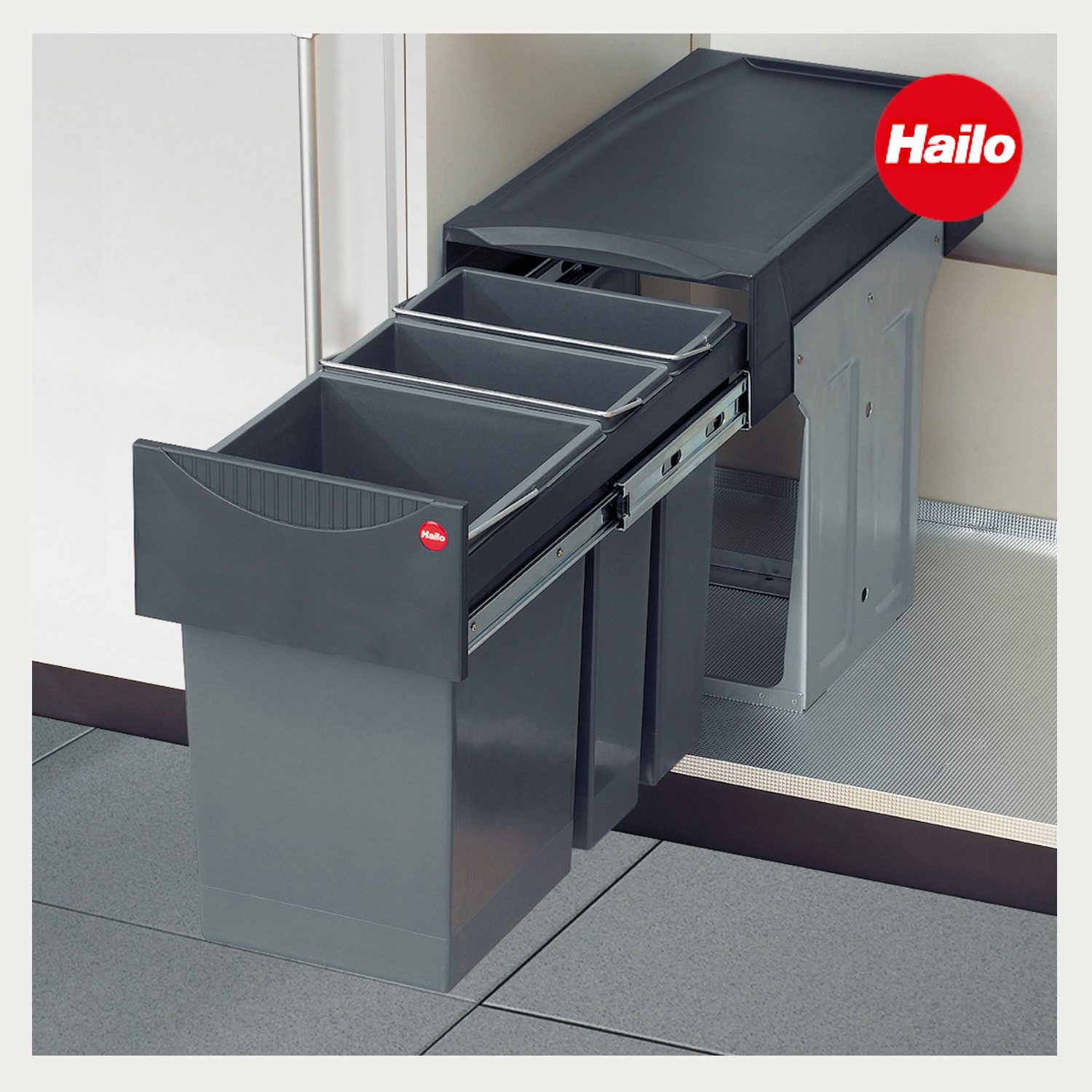 Hailo Einbaumülleimer Hailo Abfallsammler 3666191 TZ Swing Terzett 2x 7 + 15 Liter, für Schrankbreite ab 300 mm Breite mit Drehtür