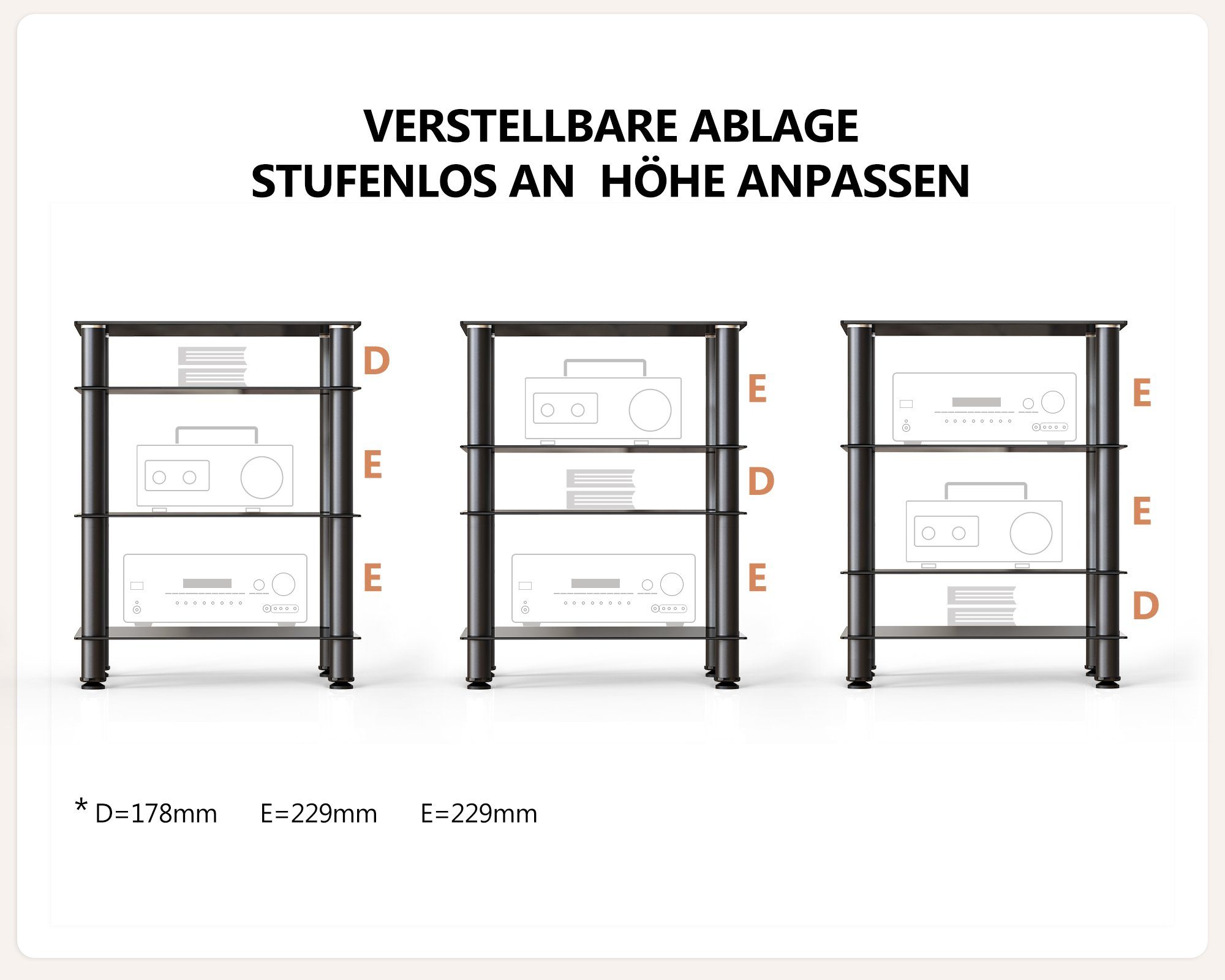 FITUEYES TV-Ständer 4-stöckiges HIFI-Regal mit höhenverstellbaren Ablagen, (HIFI-Möbel mit verstellbaren Füßen, aus Aluminium, Sicherheitsglas)
