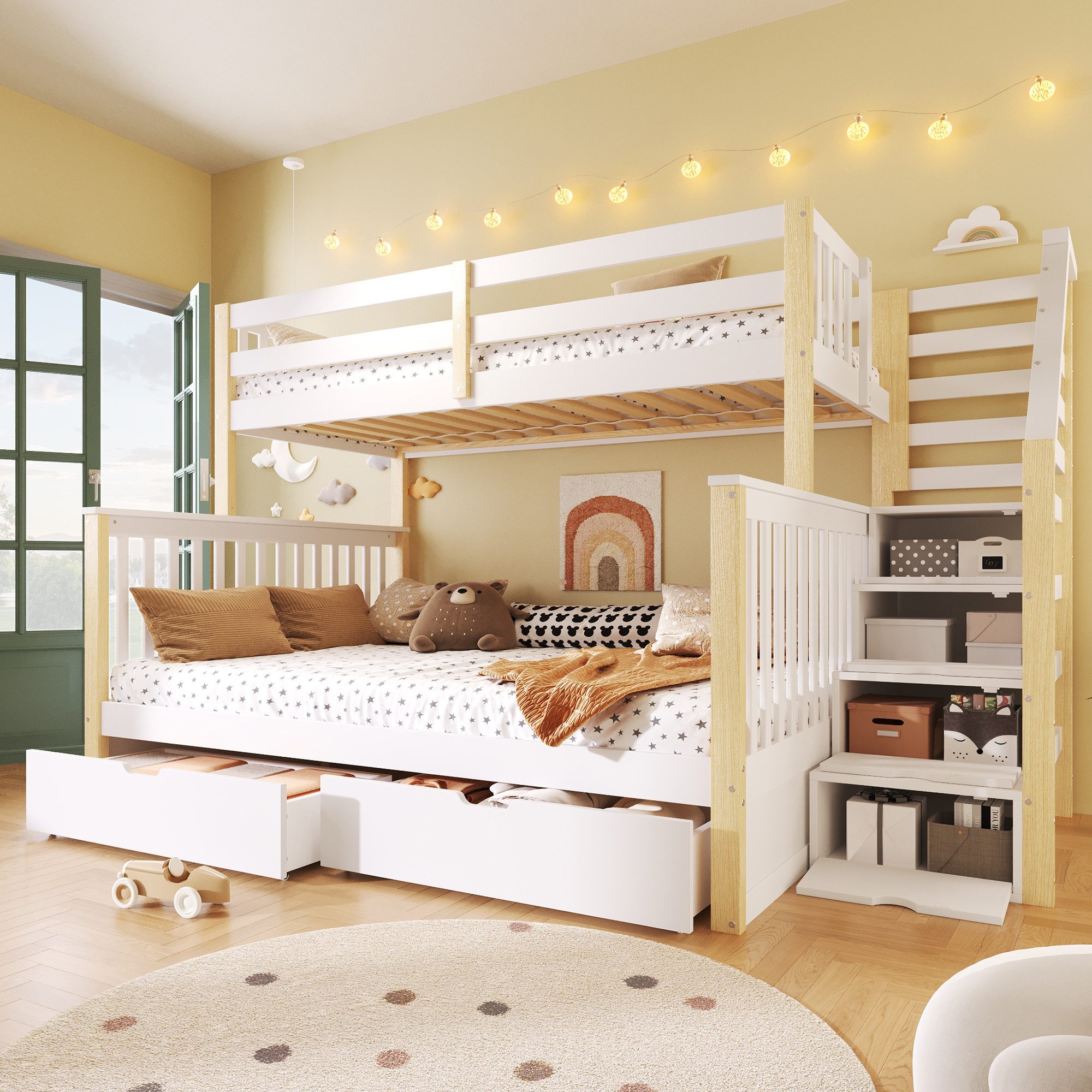 Flieks Etagenbett, Kiefer Kinderbett mit Stauraumtreppe und Schubladen 90x200cm+140x200cm