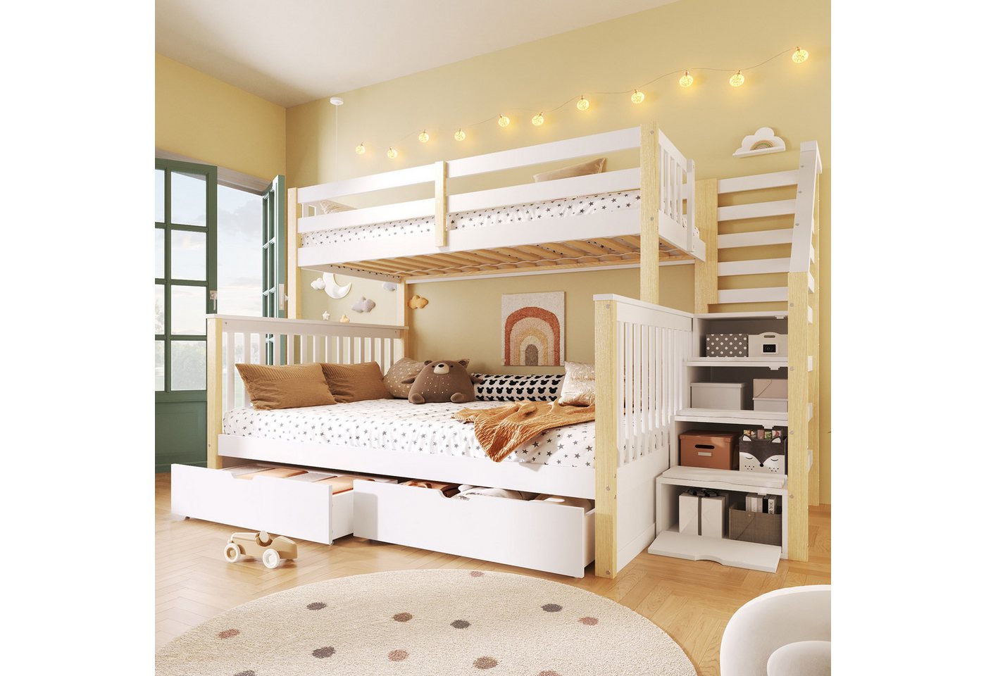 Flieks Etagenbett, Kiefer Kinderbett mit Stauraumtreppe und Schubladen 90x200cm+140x200cm