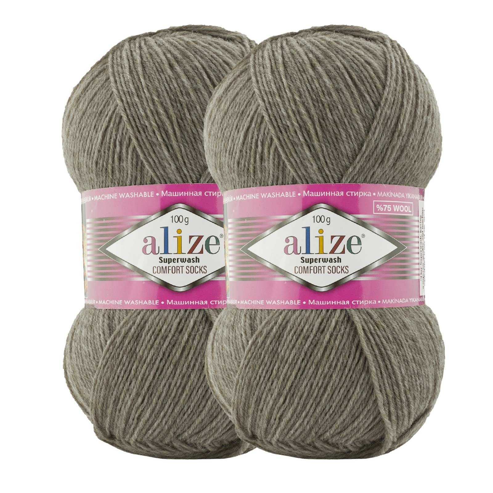 Alize 2 x 100g Sockenwolle Superwash Comfort Häkelwolle, 840 m (2-St), 207 beige-braun