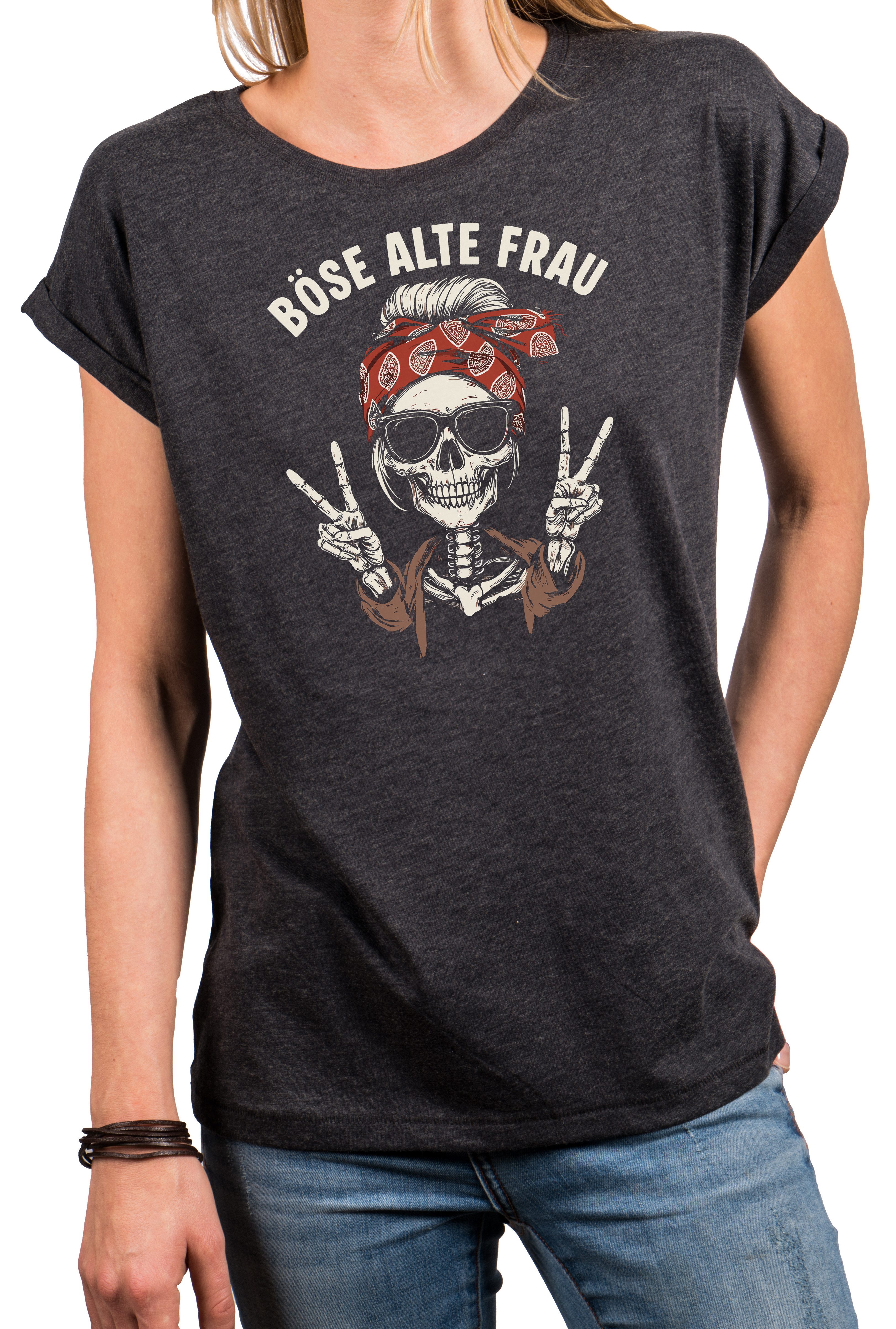 MAKAYA T-Shirt Festival Damen Top mit Skull Print – Geschenk für Motorradfans (Schwarz, Blau, Dunkelgrau, 34, 36, 38, 40, 42, 44, 46, 48, 50) Baumwolle