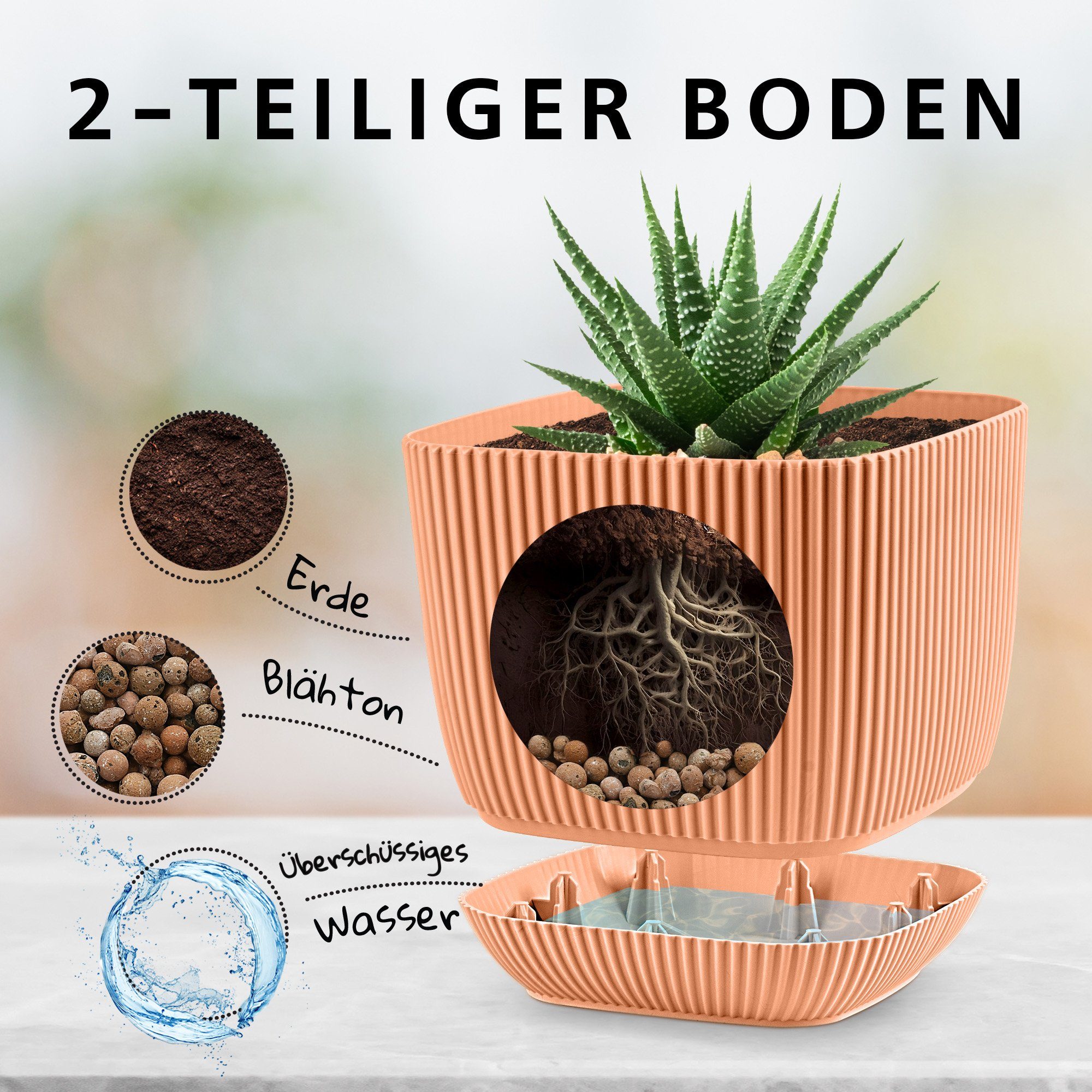 KONZEPT Blumentopf Blumentopf mit Untersetzer, Übertopf Kunststoff, 2IN1 – Der fest integrierte Untersetzer sammelt überschüssiges Wasser