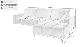 Massivart® Ecksofa MARISOL Cord grau / 286 cm, Cordsofa, Sitztiefenverstellung, Kopfteilverstellung, Nosagunterfederung