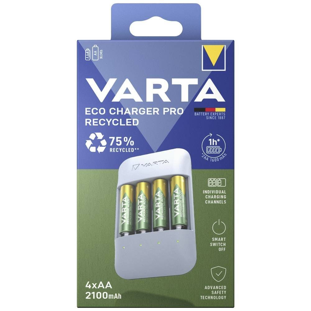 VARTA Recycled 4x AA 2100 mAh Box 57683101121 Rundzellen-Lader (Akku-Defekt Erkennung, Einzelschachtüberwachung, Erhaltungsladung)