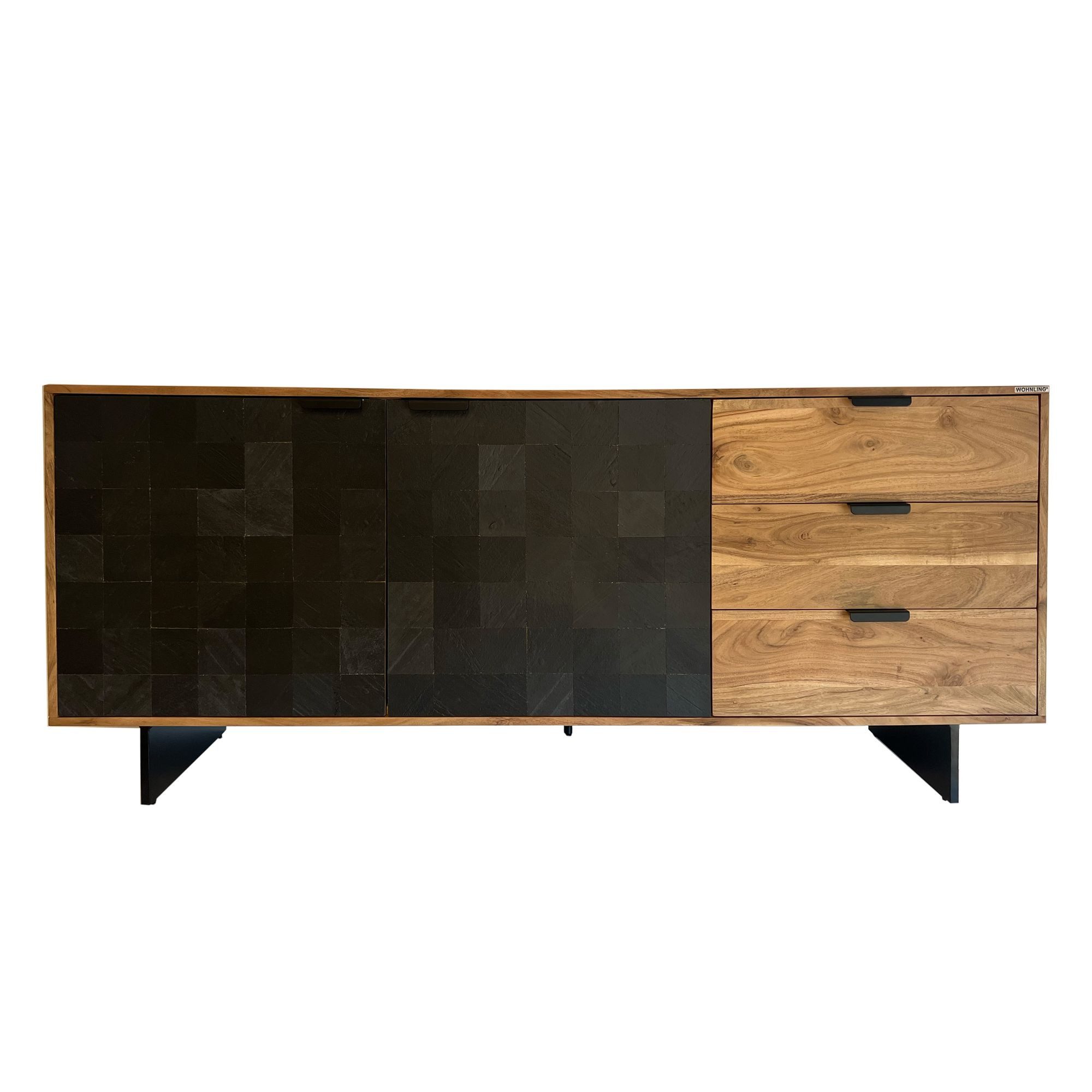 Wohnling Sideboard WL7.026 175cm Massivholz Steinoptik Kommode Anrichte Türen Schublade (175 cm Massivholz Braun, Kommode Steinoptik), Anrichte Modern, Standschrank Türen & Schubladen