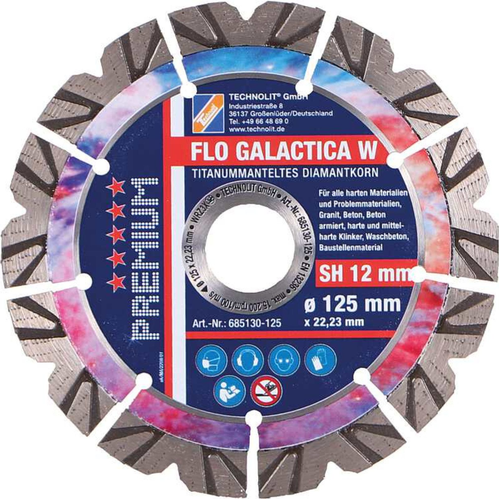 TECHNOLIT® Diamanttrennscheibe FLO GALACTICA W Ø 125-350 mm, 20-30 mm Bohrung, (Selbstkühlend, Für harte Problem-Materialien), Premium Trennscheibe für Beton, Granit & Klinker