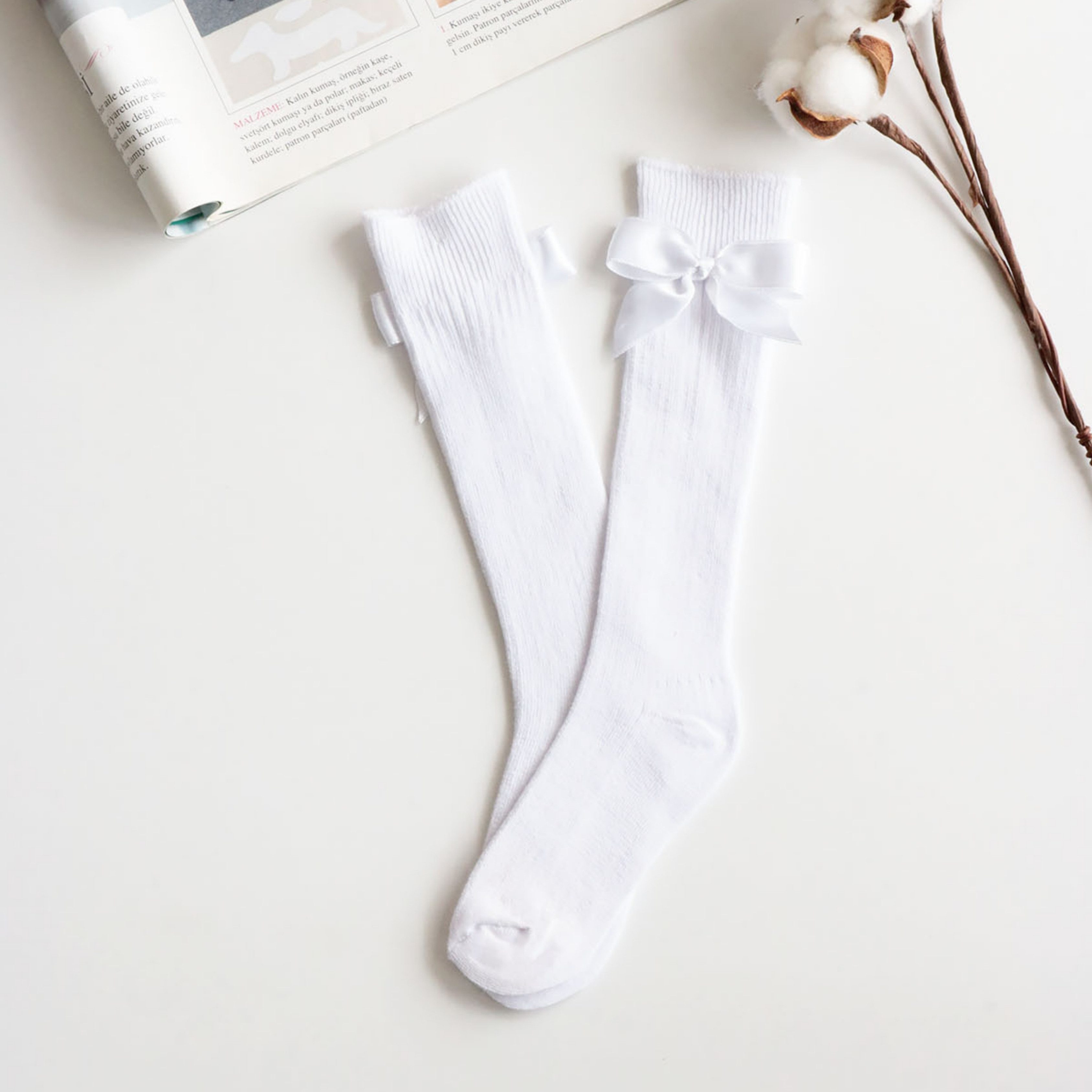 Parla Kids Socken Mädchen Kniestrümpfe mit Schleifen - süße knielange Strümpfe weiß