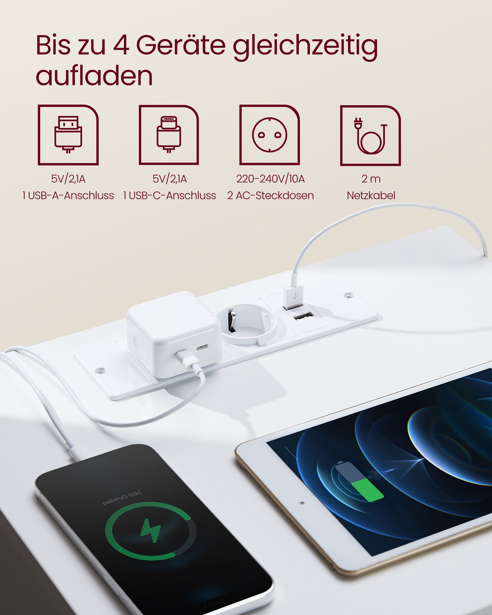 VASAGLE Nachttisch Nachttisch mit Steckdosenleiste, Beistelltisch, 2 Schubladen, modern (2-St), 2 AC-Steckdosen, 2 USB-A-Anschlüsse, für Schlafzimmer