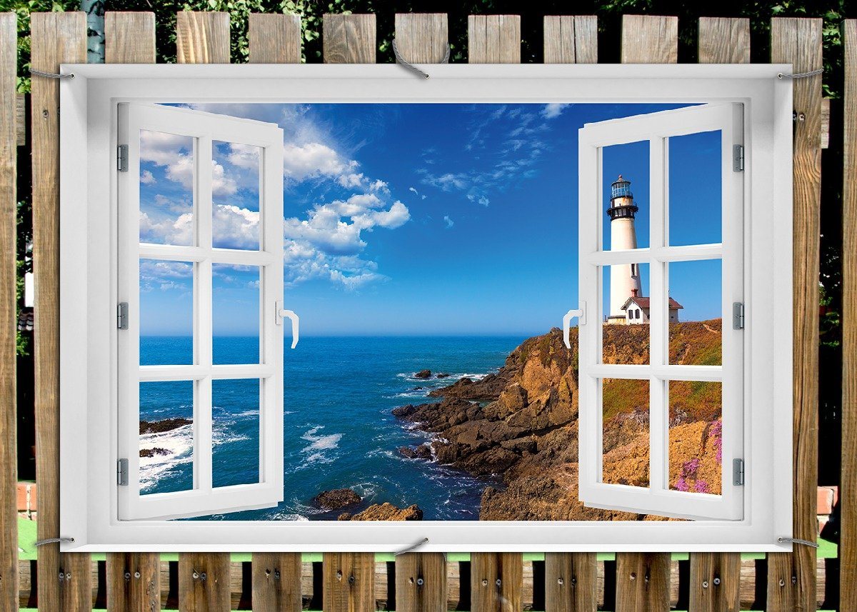 Thumbnail - Wallario Sichtschutzzaunmatten Leuchtturm auf einem Felsvorsprung - Blauer Himmel, mit Fenster-Illusion