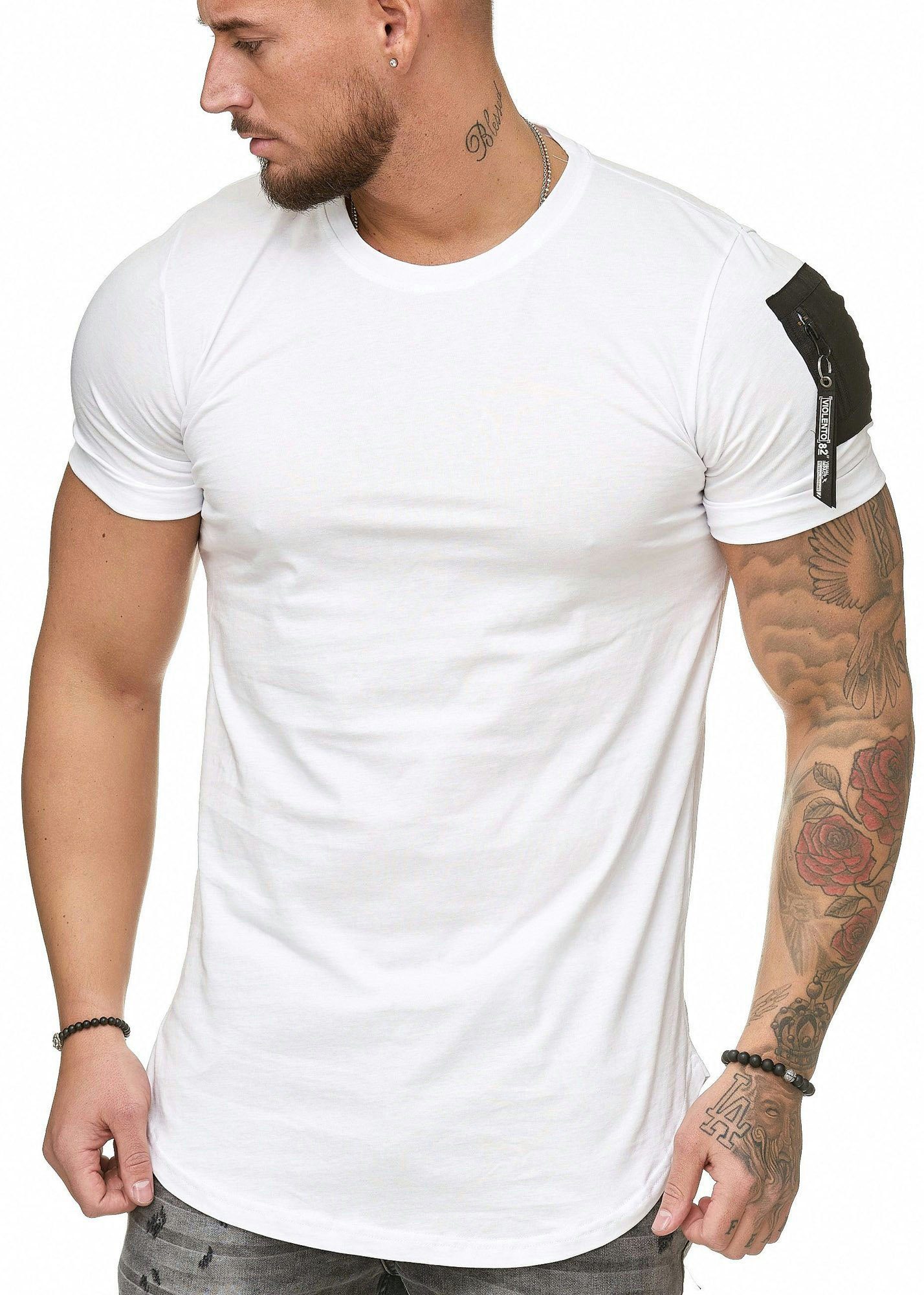 Code47 T-Shirt Oversize Weiß Slim Shirt Fit Zipper- (1-tlg)
