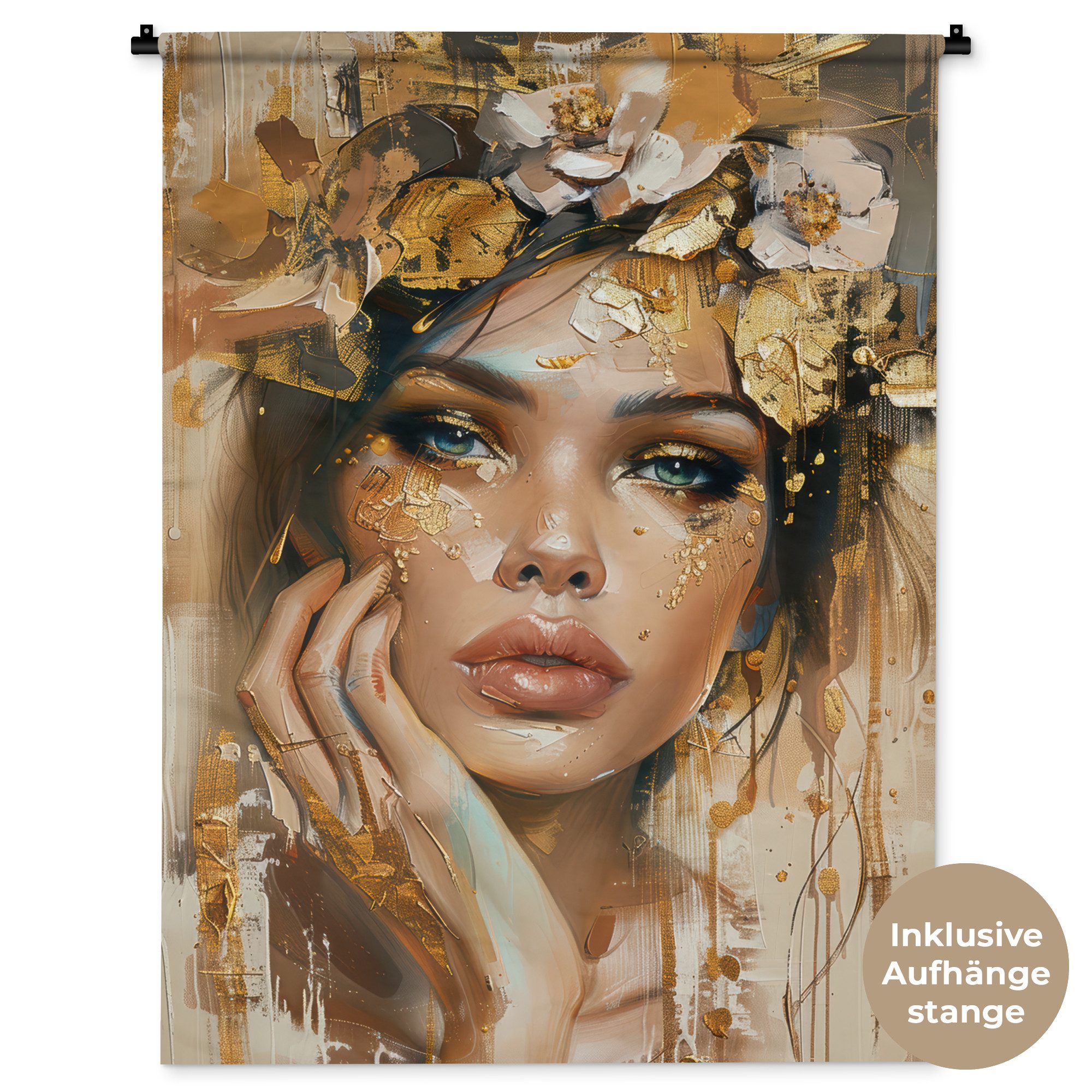 MuchoWow Wandteppich Frau - Blumen - Gold - Porträt, Rechteckig, Höhe: 3 mm, Wanddeko Teppich Wohnzimmer, Schlafzimmer, 90x120 cm
