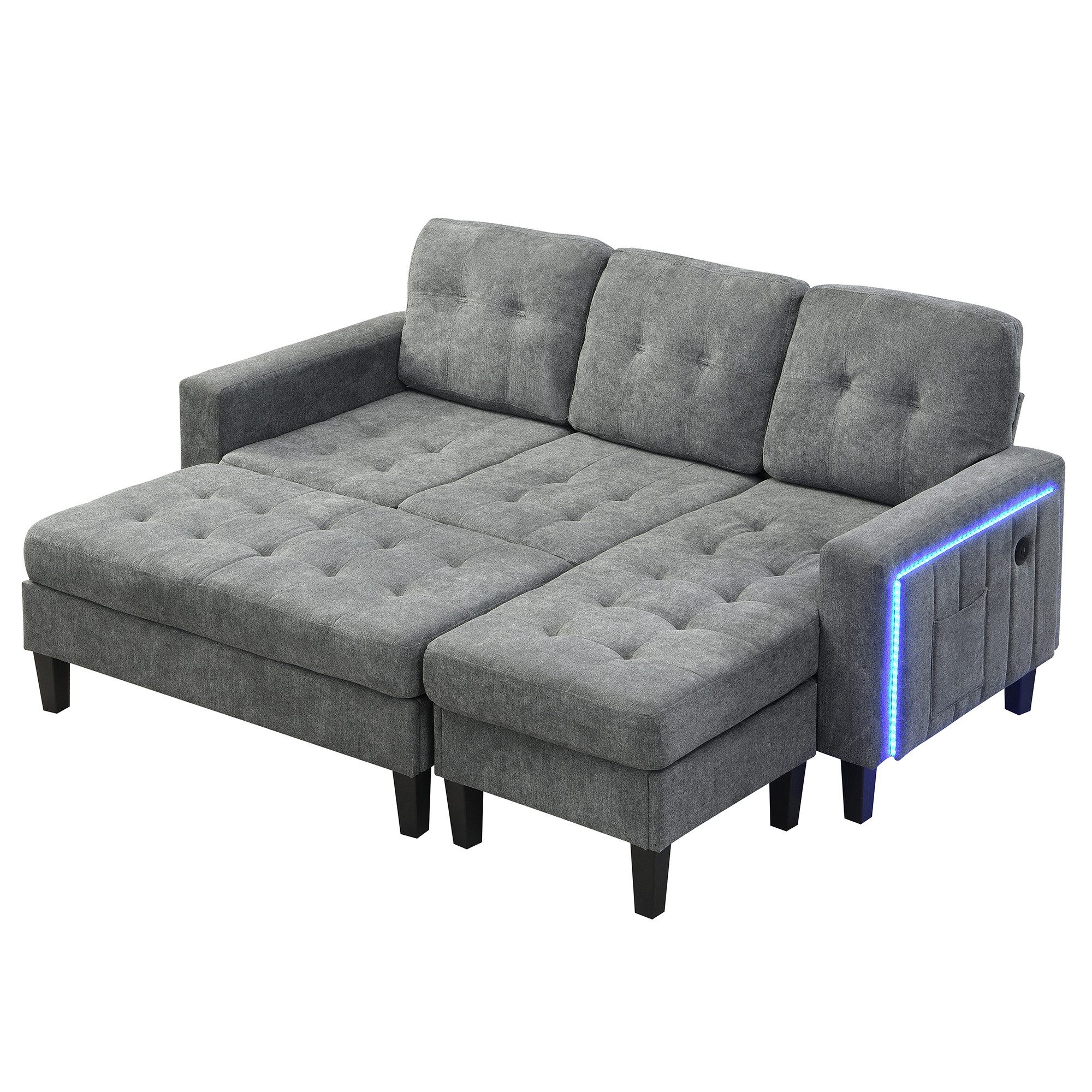 Merax Schlafsofa L-Form Sofa mit LED-Beleuchtung, 185x135x85cm, Flexibles Design,Chenille-Stoff 1 Teile, 3-Sitzer Chaiselongen mit XXL Fußbank, Modulares Sofabett Ecksofa