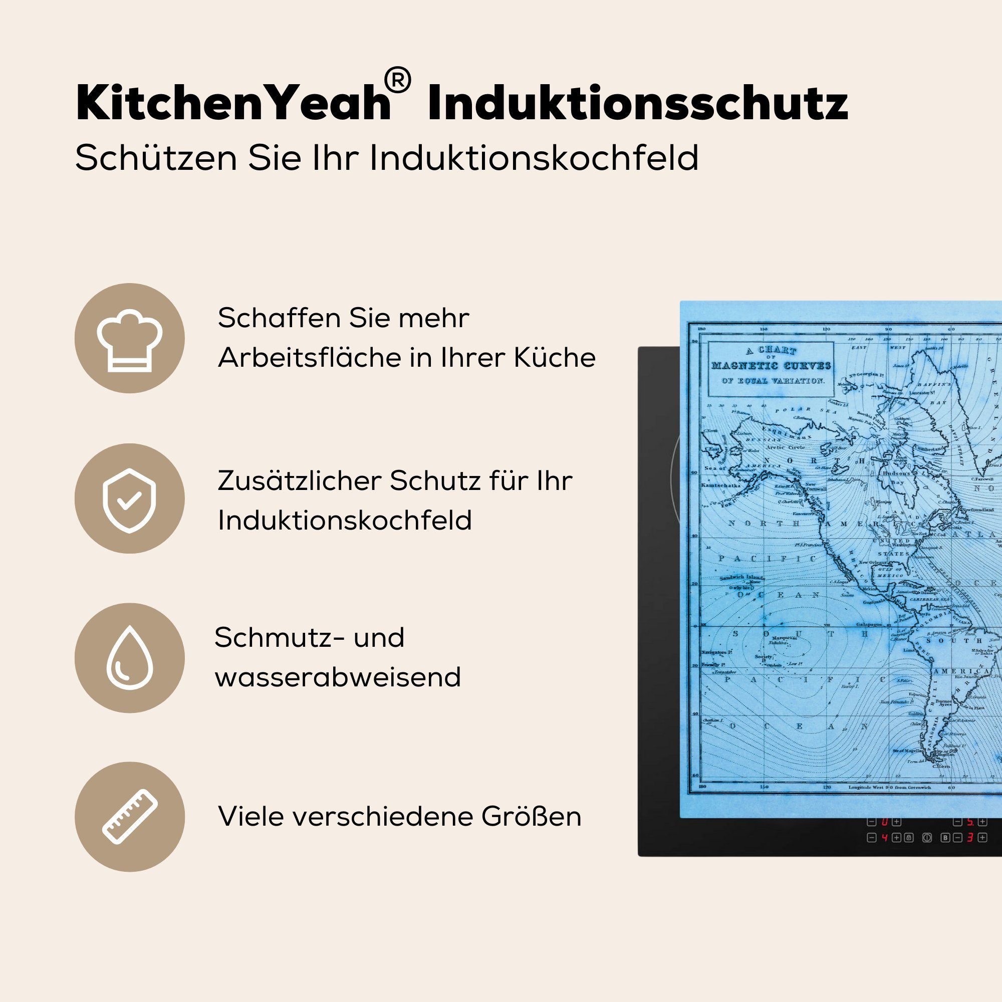 MuchoWow Herdblende-/Abdeckplatte Induktionskochfeld Blau cm, für - küche, - Ceranfeldabdeckung Weltkarte die Vinyl, tlg), Linien, 81x52 (1 Schutz