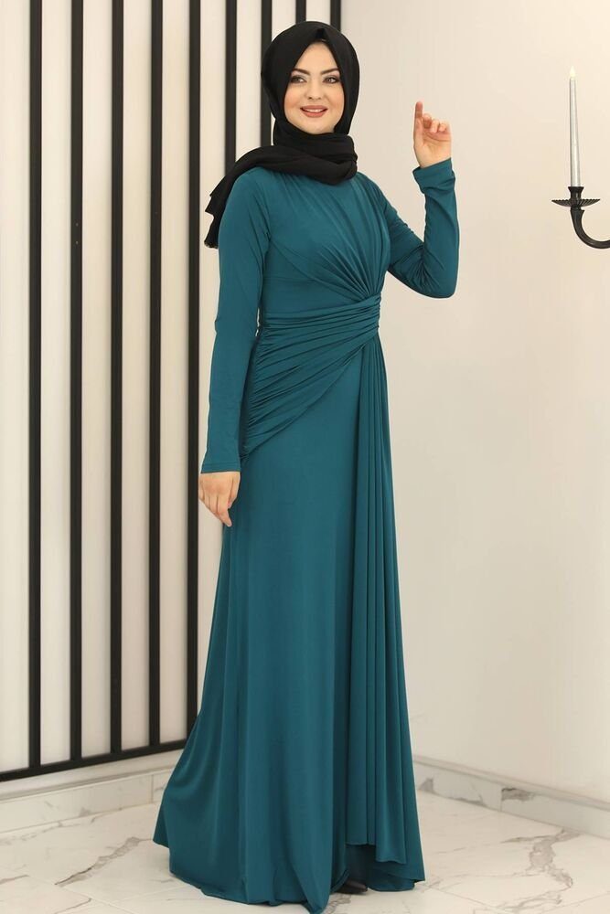 fashionshowcase Abendkleid Damen Elegantes Maxikleid - Modest Fashion, Hijab-freundlich Hochgeschlossener Kragen, Drapierung an der Taille