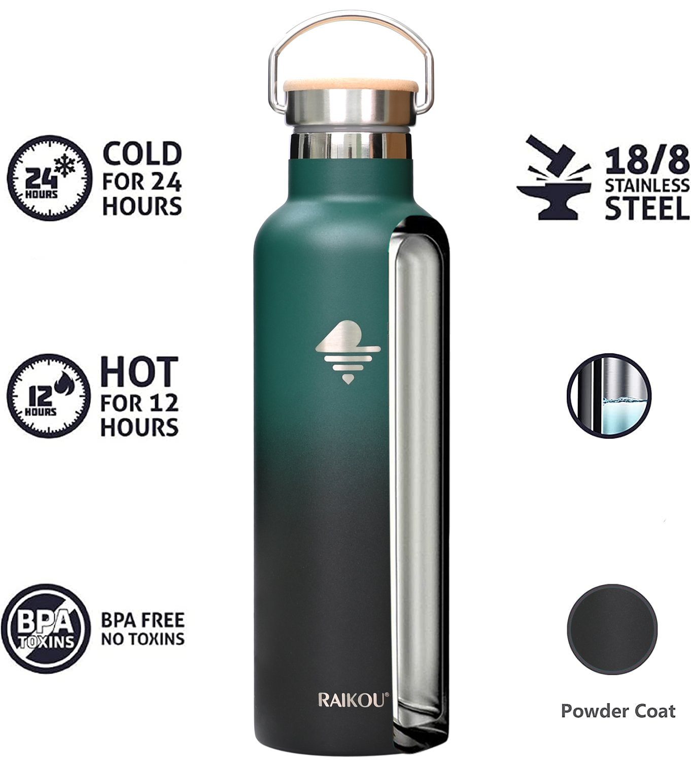 RAIKOU Isolierflasche Edelstahl Trinkflasche / zu Thermoflasche, Wasserflasche Deckel,350ml/500ml/750ml/1000ml heiß kalt,mit Waldgrün 2 24H 12H Vakuumisolierte bis
