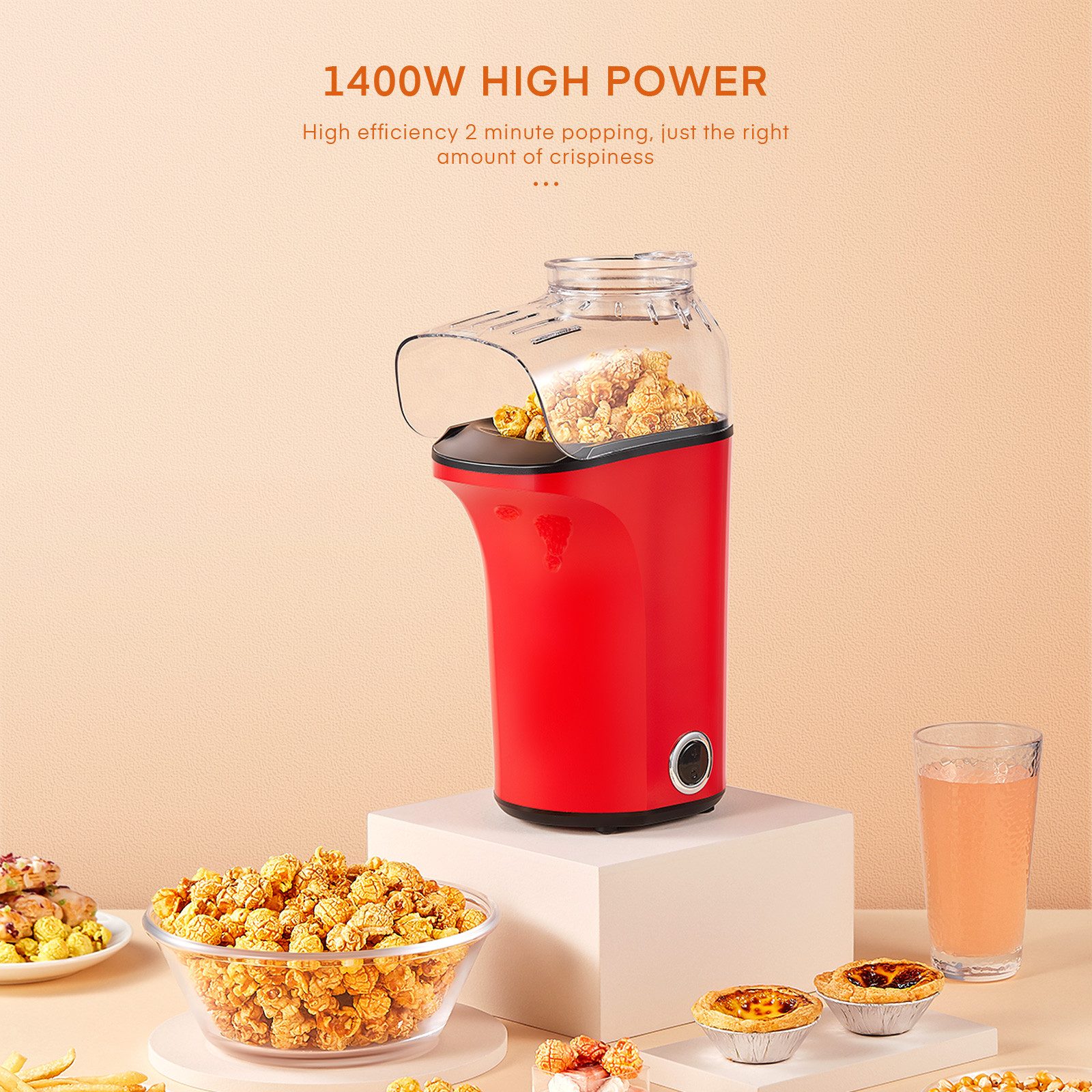 FOHERE Popcornmaschine Professioneller Heißluft-Popcornmaschine mit 4L Kapazität, 99% Pop-Rate, Antihaft-Beschichtung, Einfache Reinigung