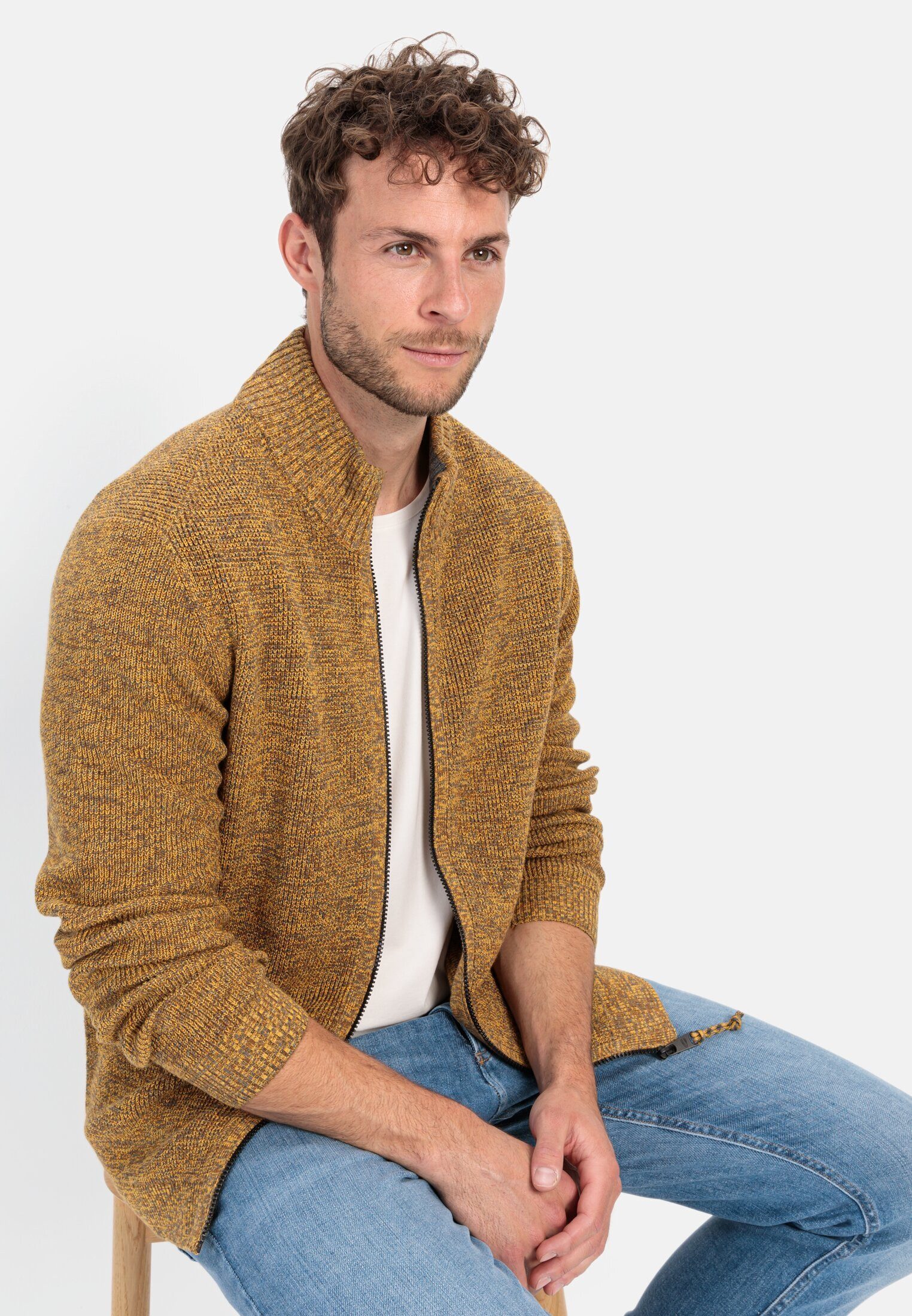 camel active Strickjacke Strickjacke mit Reißverschluss Langarm Stehkragen