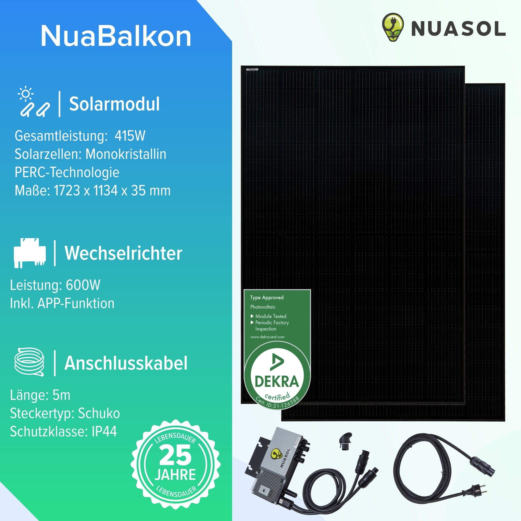Solaranlage Balkonkraftwerk Zellstruktur 600W NuaSol Wechselrichter, monokristalline (2x415W), 830W