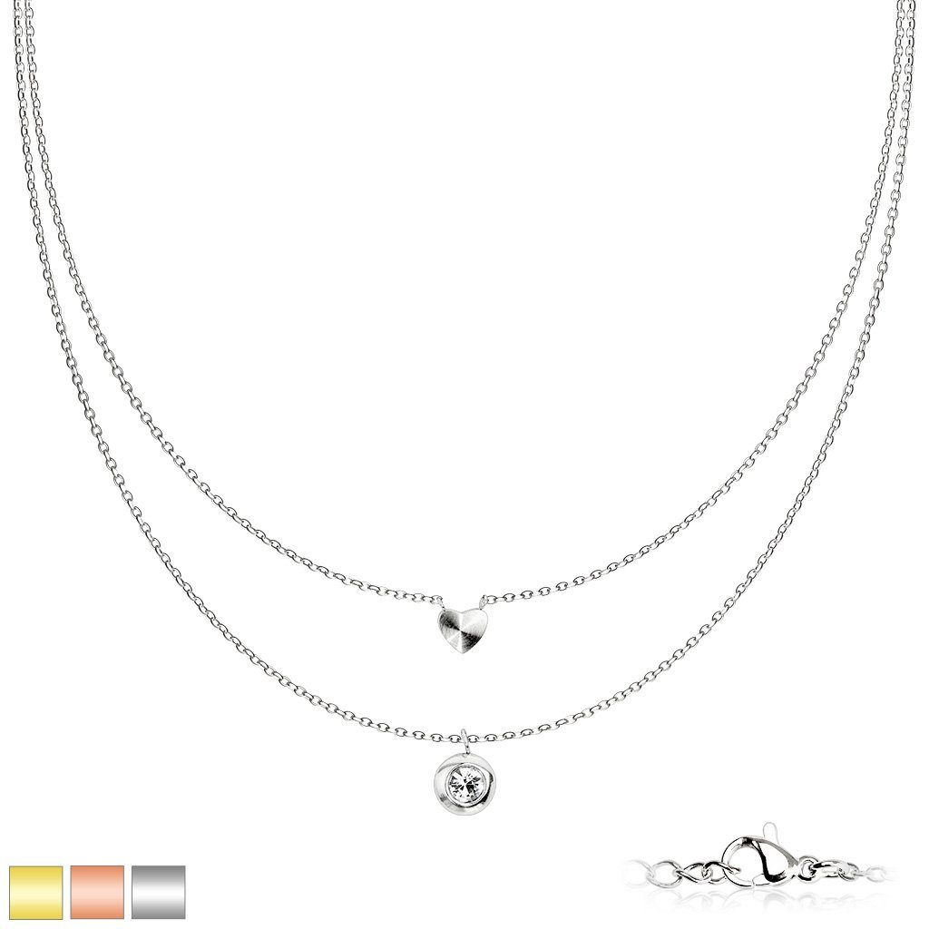 BUNGSA Ketten-Set Doppelkette mit aus Herz rundem (1-tlg), Necklace gold Varianten und Halskette Kristall verschiedene
