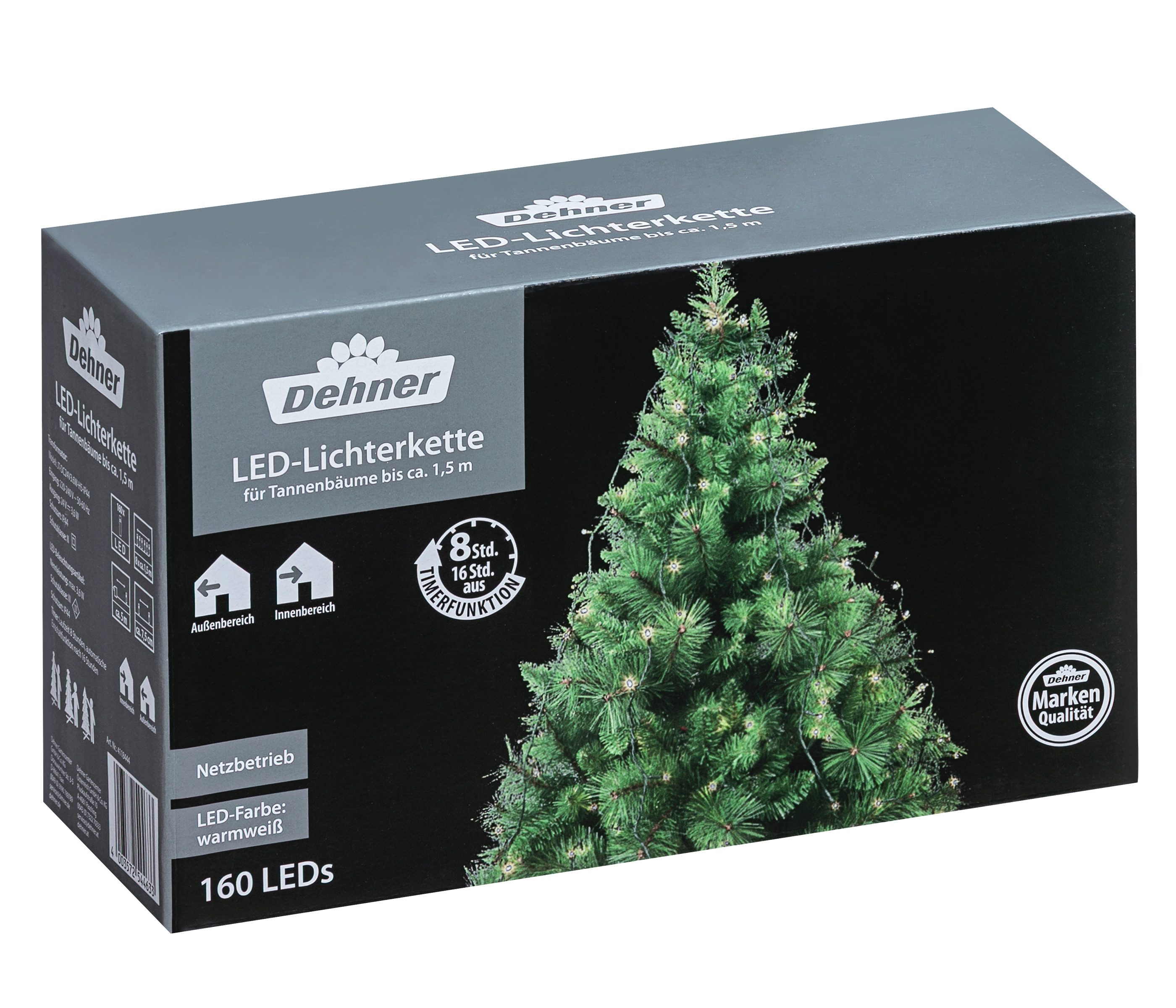 Dehner LED-Lichterkette LED Lichterkette für Weihnachtsbäume, 160 LEDs, mit warmweißem Licht, Длина 150 cm, 3.6 W, Schutzklasse II/ IP44