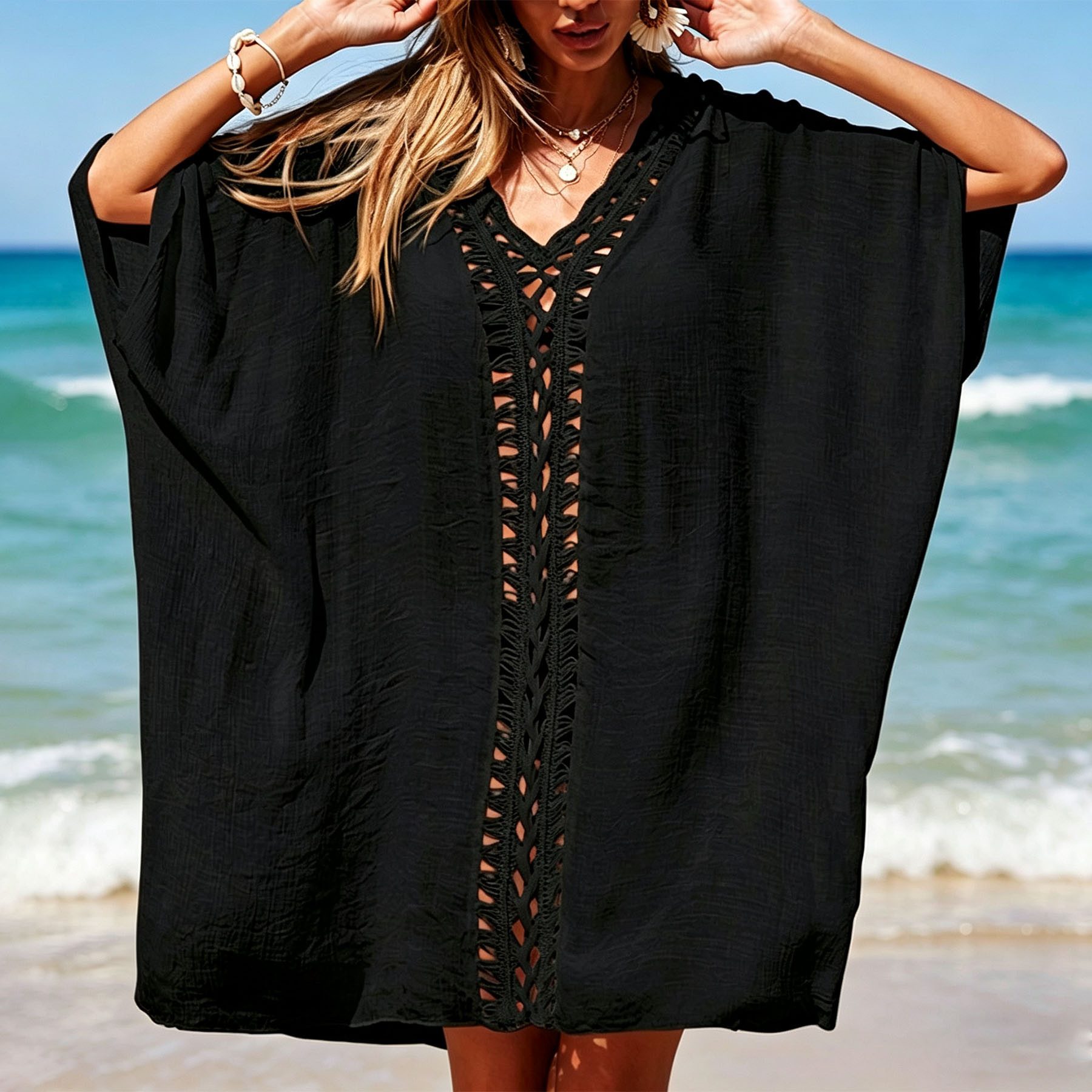 Mutig Strandkleid Damen Plus-Size-Strandkleid, Badeanzug-Überwurf, Häkel-Design-Kleid (Sommer Strandponcho, Leichter Bikini Überwurf für Strand & Urlaub, Beste Übereinstimmung für Bikini, Shorts, Badeanzug usw) Sie wirkt auch bei kurvigeren Frauen sehr attraktiv und stilvoll