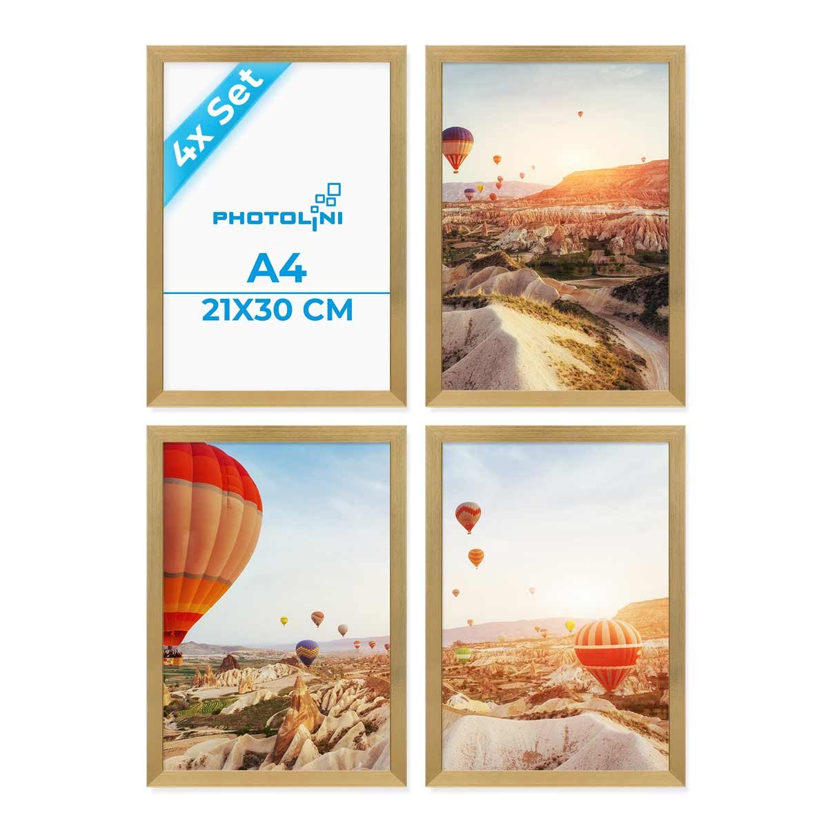 PHOTOLINI Bilderrahmen 4er Set 21x30 cm / DIN A4 Poster-Rahmen, zum Aufhängen & Aufstellen, für 4 Bilder (4er Set), MDF Holz, bruchsicheres Acrylglas & Zubehör, für Fotos & Poster