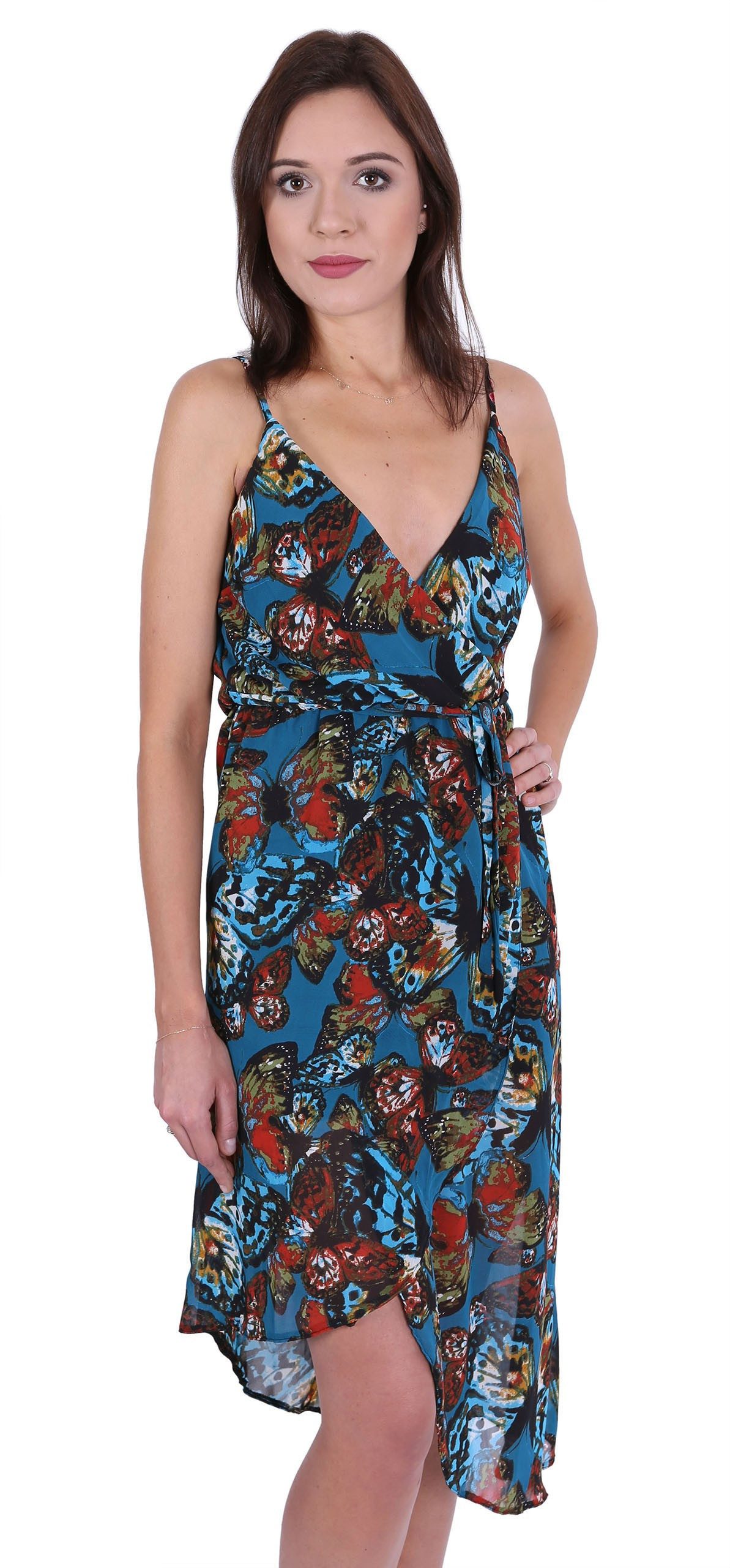 Sarcia.eu Sommerkleid John Zack Leichtes, türkisfarbiges Kleid, Schmetterlingen gemustert S
