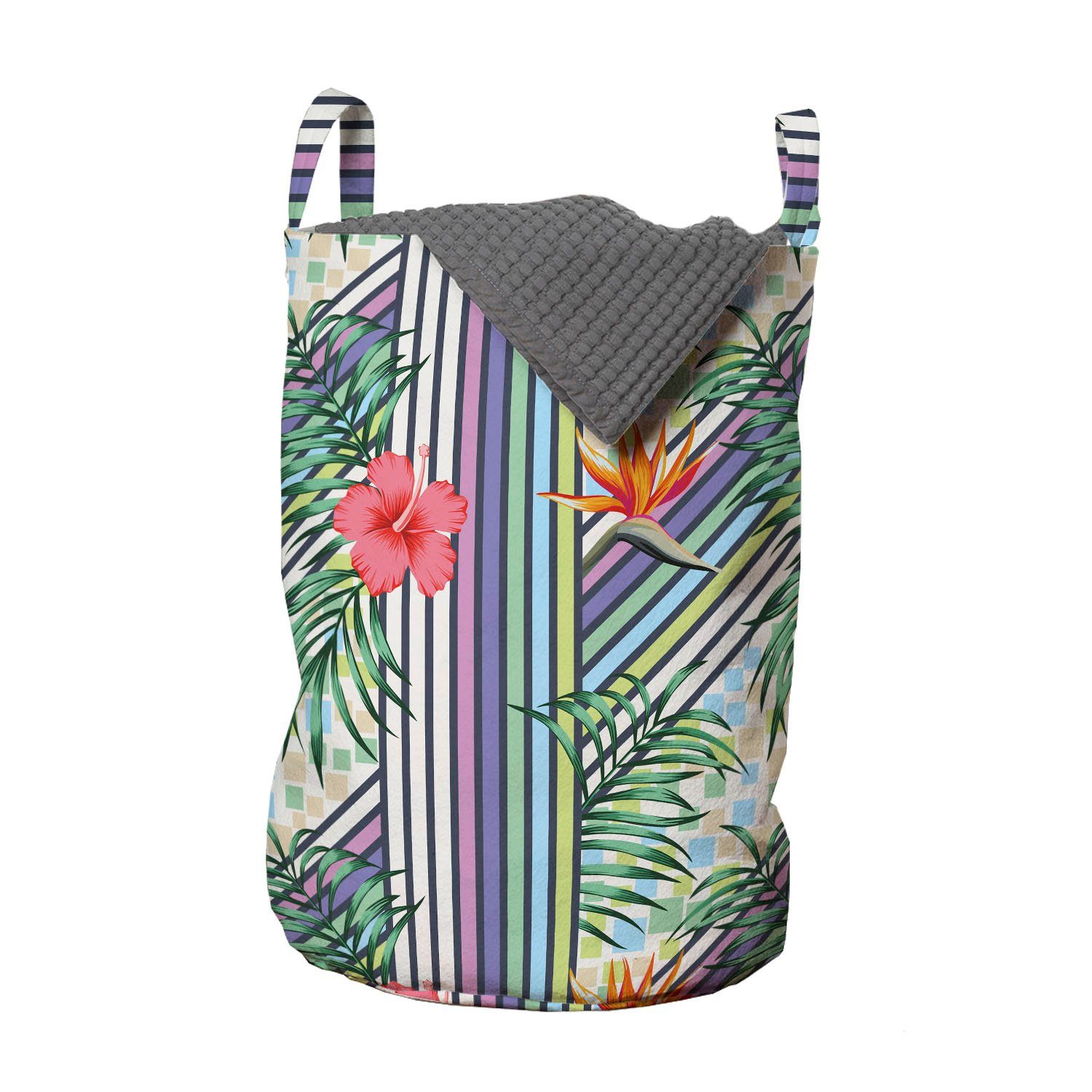 Abakuhaus Wäschesäckchen Wäschekorb mit Griffen Kordelzugverschluss für Waschsalons, Hawaii-Farben Hibiscus-Streifen
