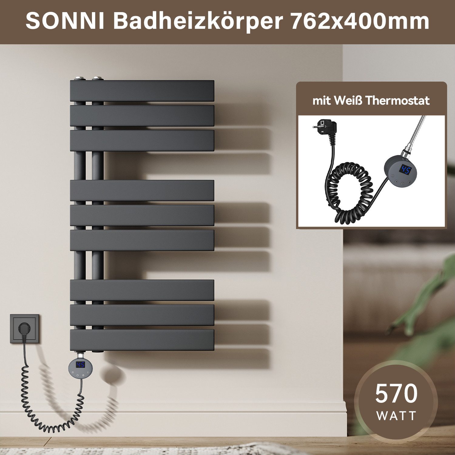 SONNI Designheizkörper Handtuchheizkörper Elektrisch, programmierbarer Zeit und Temperatur