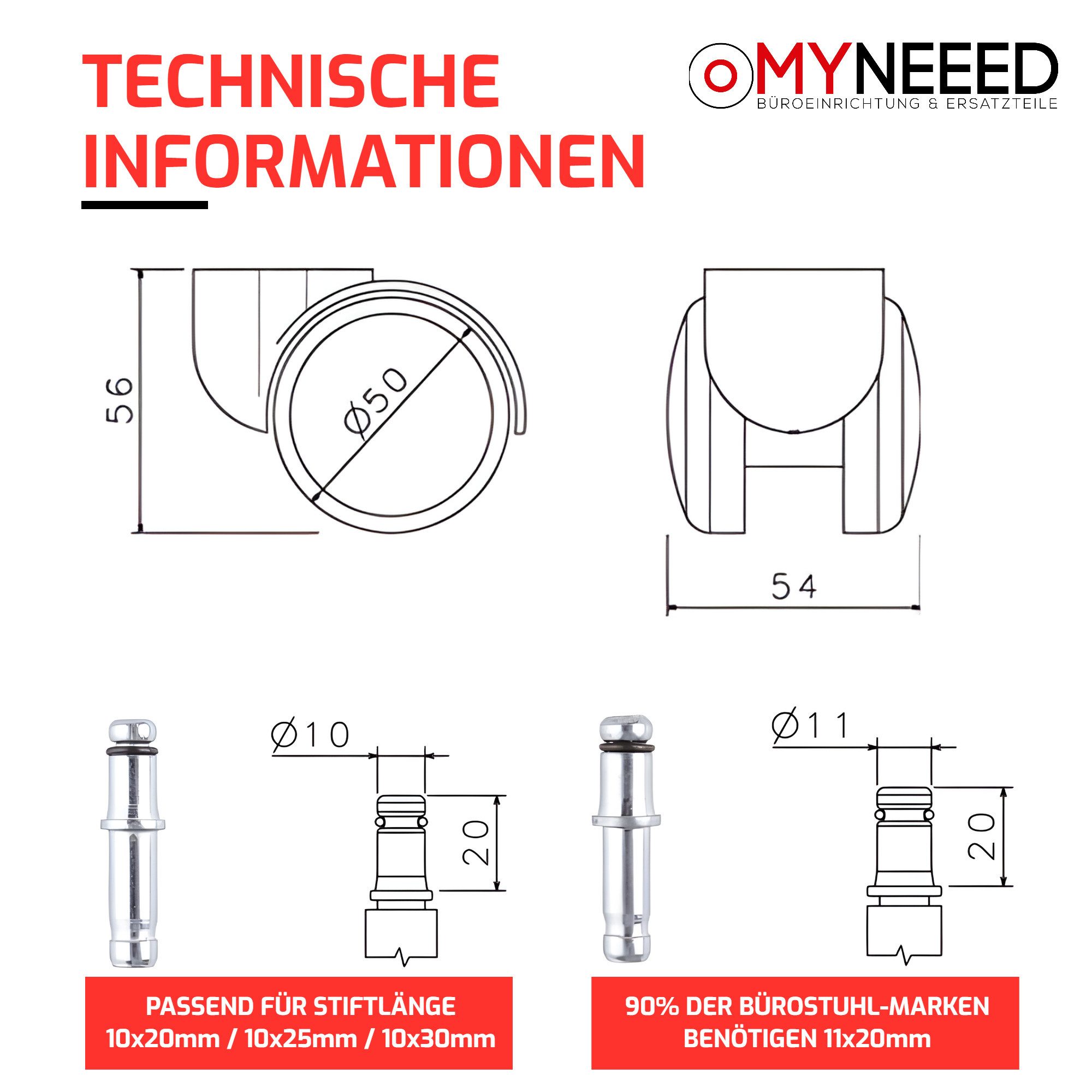 MYNEEED Bürostuhl Universal Bürostuhl Rollen ohne Stifte, mit 10mm & 11mm Stifte