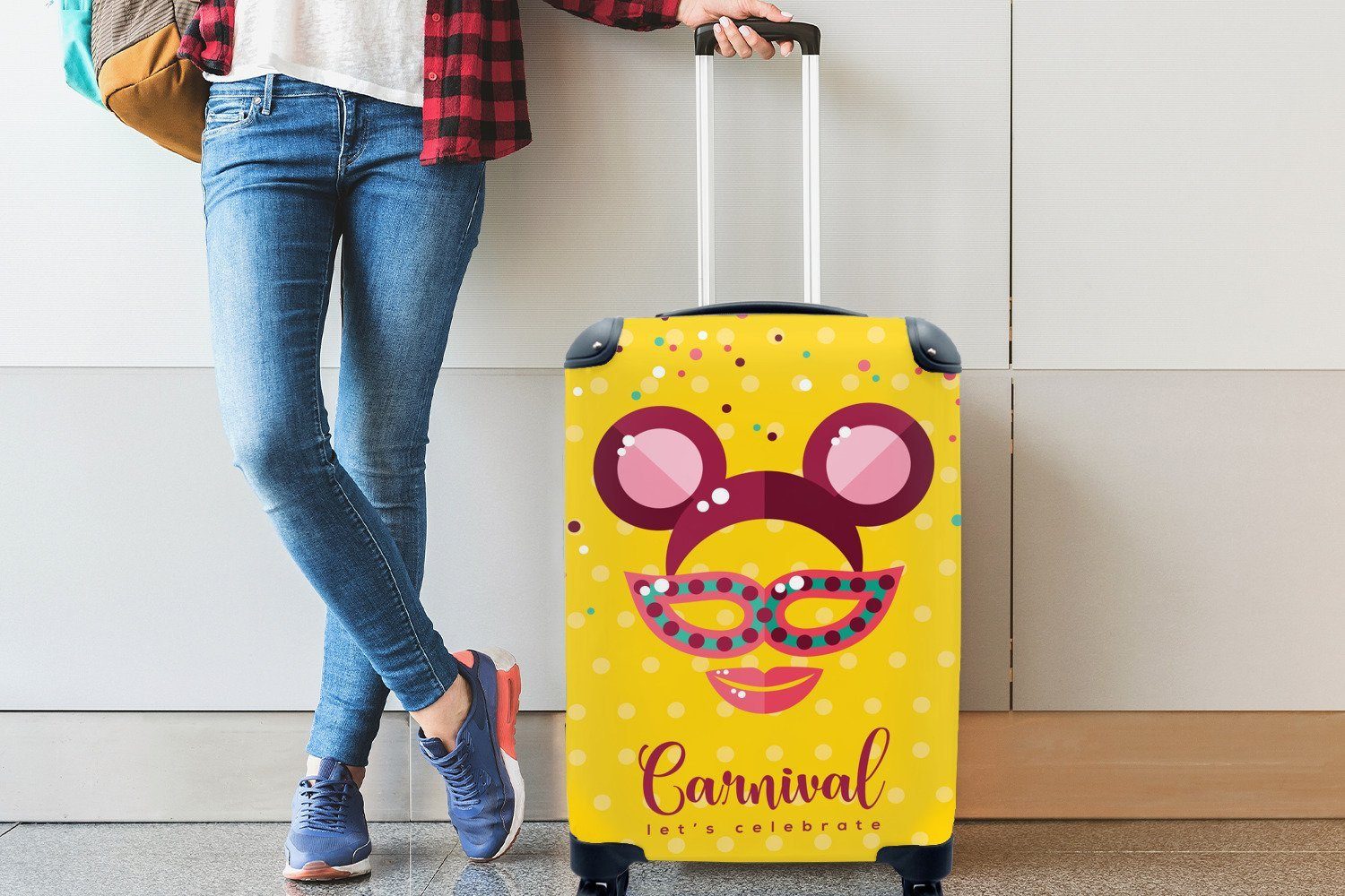 gelbem rollen, Reisetasche Ferien, Handgepäckkoffer auf Hintergrund, mit Handgepäck MuchoWow für Reisekoffer Trolley, 4 Rollen, Maske "Karneval" mit