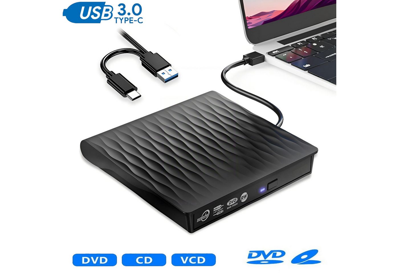 Toomoke Externes CD-Laufwerk, optisches Laufwerk für Notebook, DVD-Brenner (Slim Laufwerk für Laptop, PC und Mac mit USB-C und USB 3.0, 24× CD, 8× DVD, Slim-Gehäuse, Plug & Play)