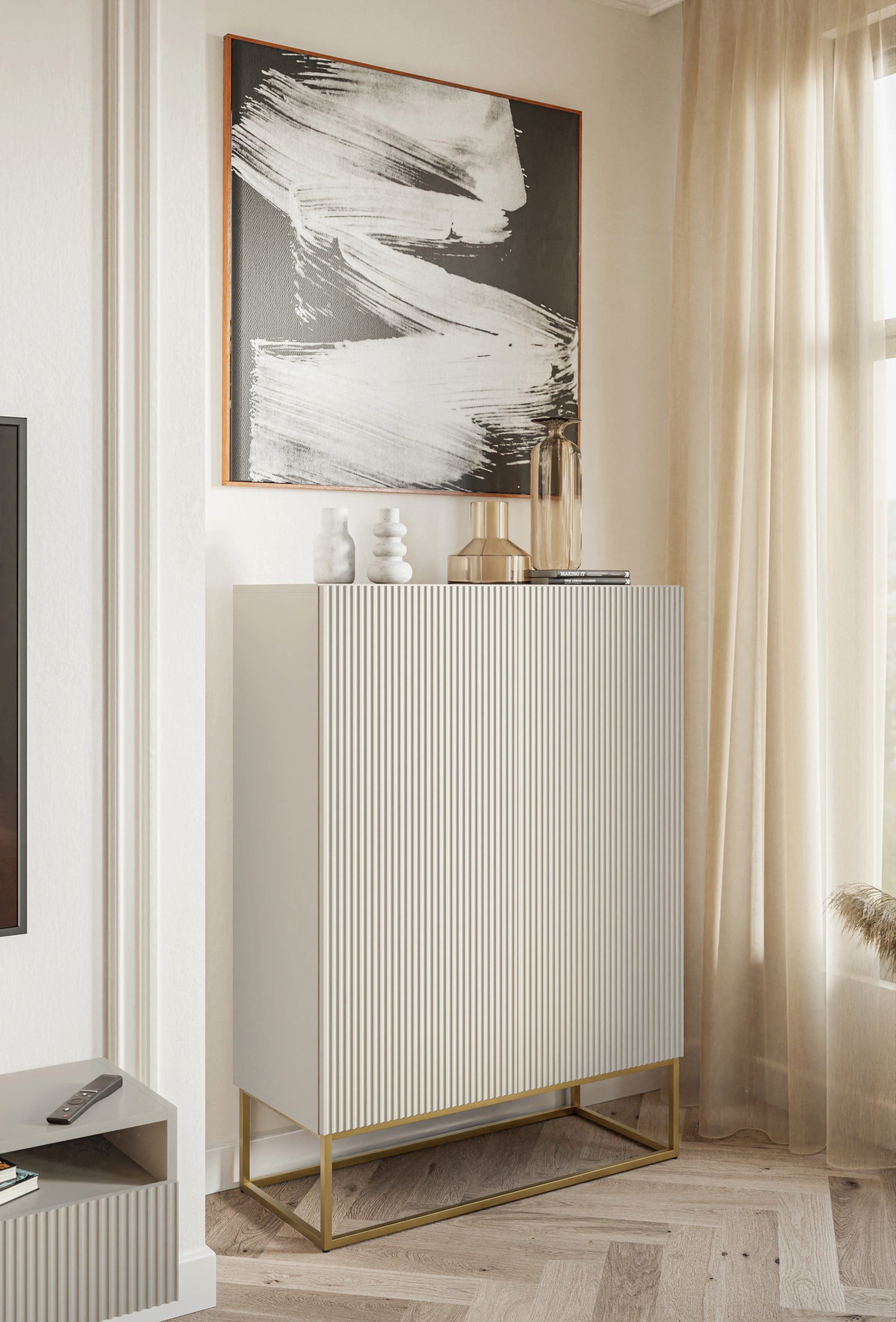 Selsey Highboard VELDIO, Highboard 2-türig mit 3 Fächern, Lamellenfronten und goldenen Beinen