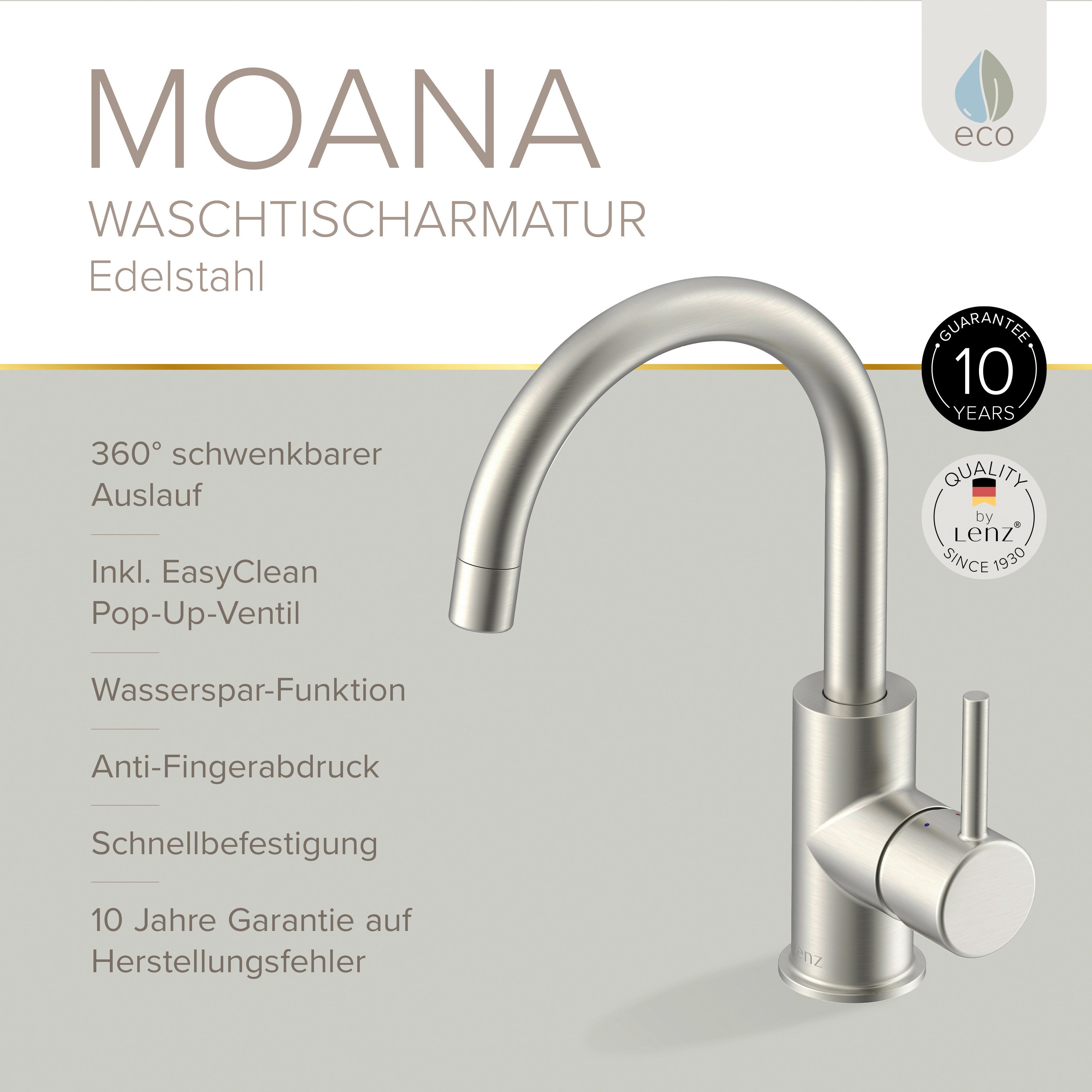 Lenz Waschtischarmatur MOANA Badarmatur mit Pop-Up-Ventil (Armatur mit Pop-Up-Ventil) Anti-Fingerabdruck Oberfläche, Easy Clean Pop-Up Ventil, Graphit